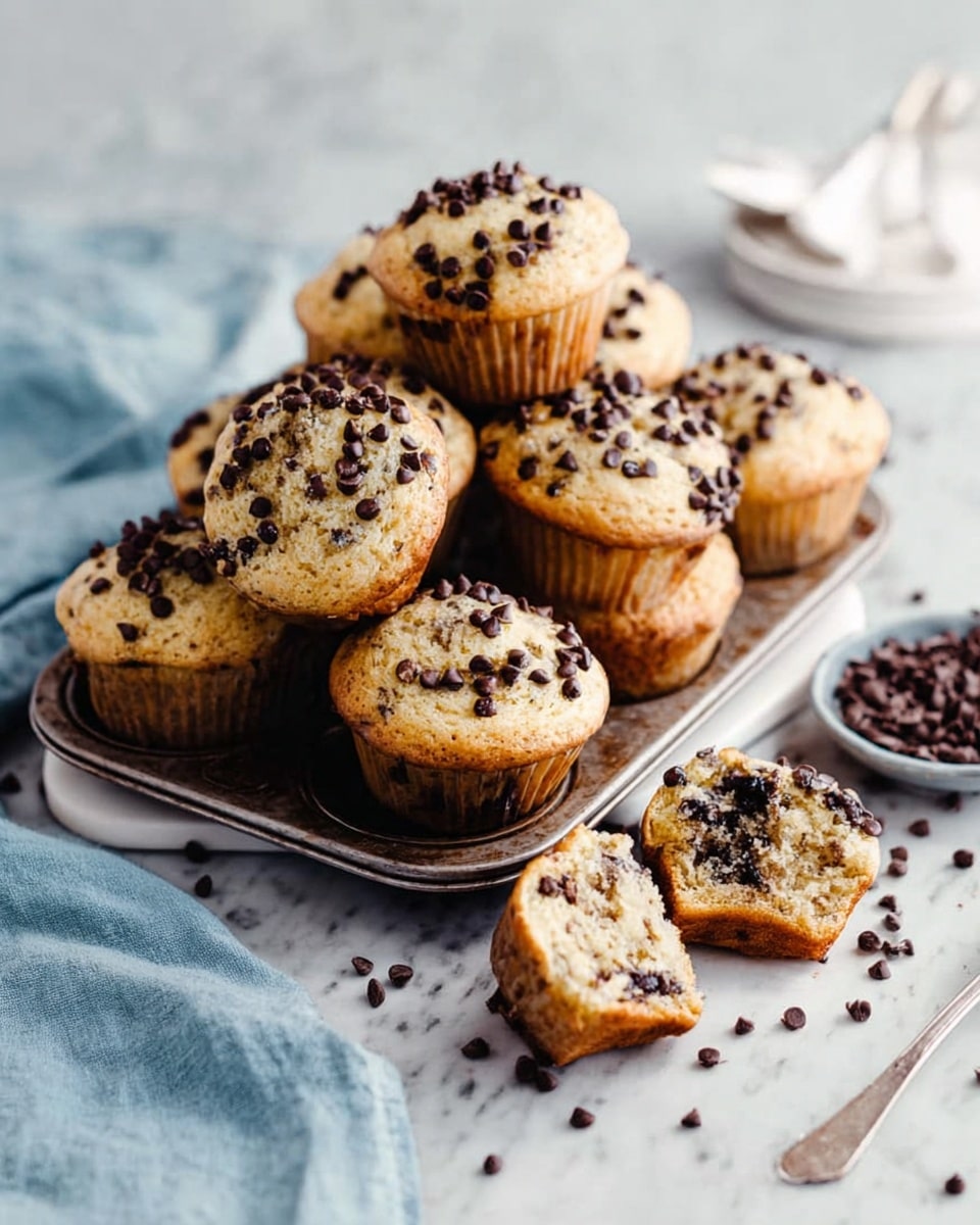 A metal muffin tray filled with around ten golden brown muffins covered evenly with small dark chocolate chips, some muffins are stacked while two are broken in half showing a light, soft, and moist inside with dark chocolate chips spread throughout. The tray is placed on a white marbled surface sprinkled lightly with some chocolate chips around, with a soft blue cloth on the bottom left and white spoons blurred in the background. Photo taken with an iphone --ar 4:5 --v 7