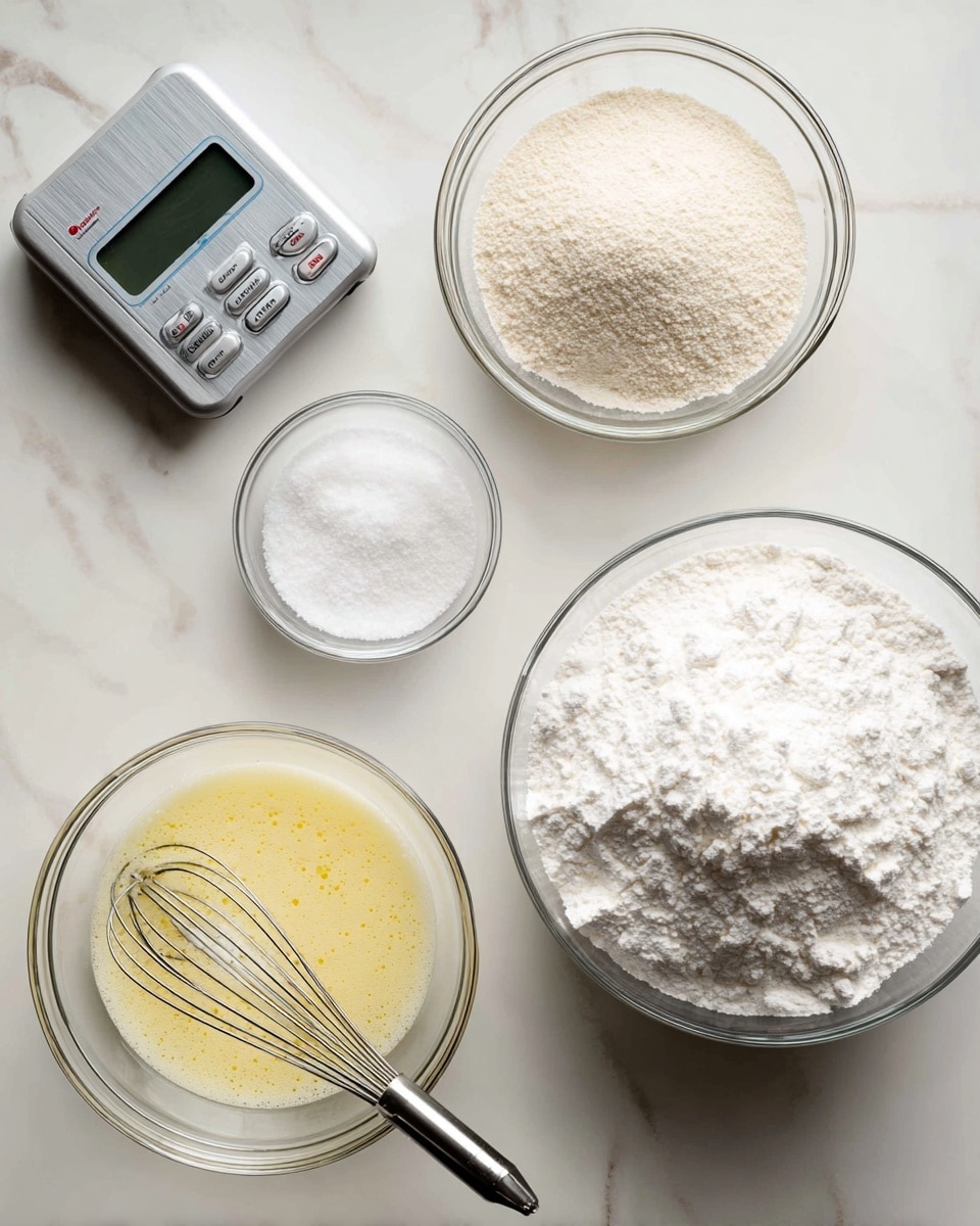 The image shows a white marbled surface with several clear glass bowls arranged neatly. At the top right is a bowl with a light beige powder, likely flour or almond meal, having a soft and fine texture. Below it, on the right side, is a larger bowl filled with a white powder that looks soft and fluffy, probably powdered sugar. To the bottom left is a bowl containing a yellowish liquid with a slightly bubbly surface, possibly egg whites being whisked with a metal whisk. In the middle, there is a small bowl filled with fine white salt. On the far left, a digital kitchen scale with a silver surface and white base is visible. photo taken with an iphone --ar 4:5 --v 7