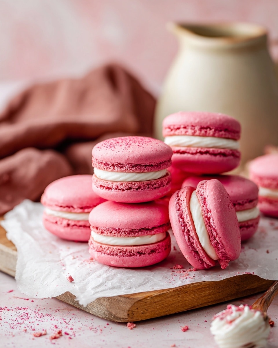 A group of pink macarons is placed on a sheet of white parchment paper on top of a light wooden board. Each macaron has two smooth, round pink shells with a slightly textured edge and a thick white cream layer sandwiched inside, clearly visible around the edges. The macarons are scattered casually, some laying flat while others stand on their edges, with a few crumbs sprinkled around them. The setting is a soft pink surface with a white marbled texture. Nearby, there is a brown cloth on the left side and a beige ceramic jug in the top left corner. Photo taken with an iphone --ar 4:5 --v 7