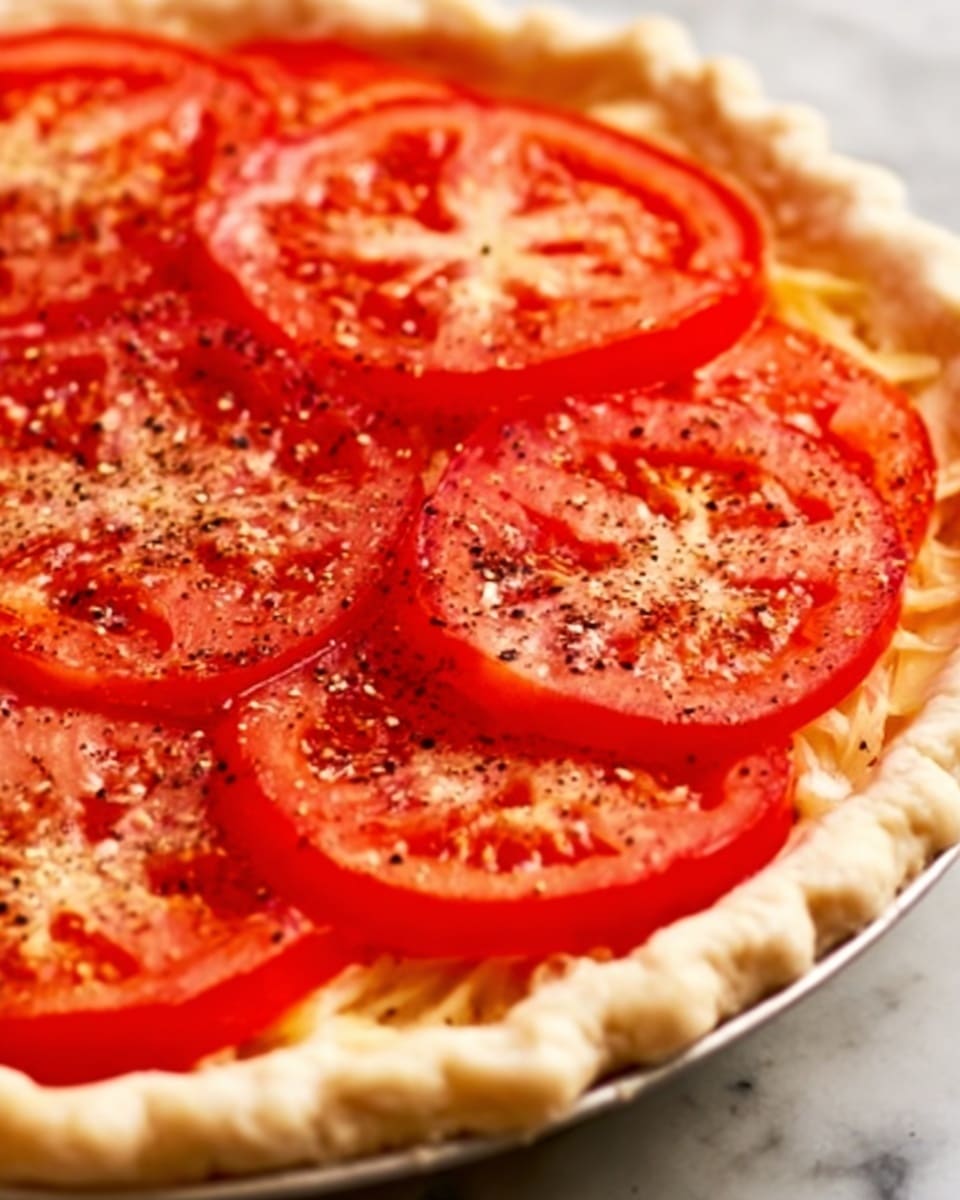 A close-up image of a pie with a white crust edge visible around the bottom and right sides. The top layer is made up of bright red tomato slices, each round with visible seeds and a juicy texture. The tomatoes are arranged in a slightly overlapping pattern. There is a light sprinkle of black pepper on the tomatoes, adding small dark dots across the red surface. The pie rests on a white marbled surface. photo taken with an iphone --ar 4:5 --v 7