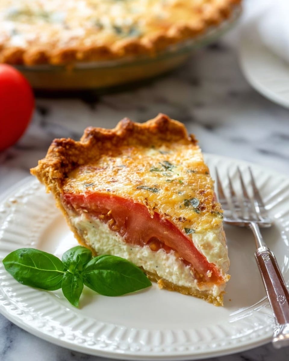 A single slice of pie sits on a white plate with a detailed edge, showing three visible layers: a golden brown crust at the base and sides, a middle bright red tomato slice, and a thick top layer of creamy, slightly browned cheese with small green herb specks. A bright green basil leaf rests on the plate beside the pie slice. In the background, the rest of the pie is blurred, with a golden top and the crust visible. A fork with a shiny metal head and a wooden handle rests on the plate near the pie slice. The surface underneath is white marble. Photo taken with an iphone --ar 4:5 --v 7