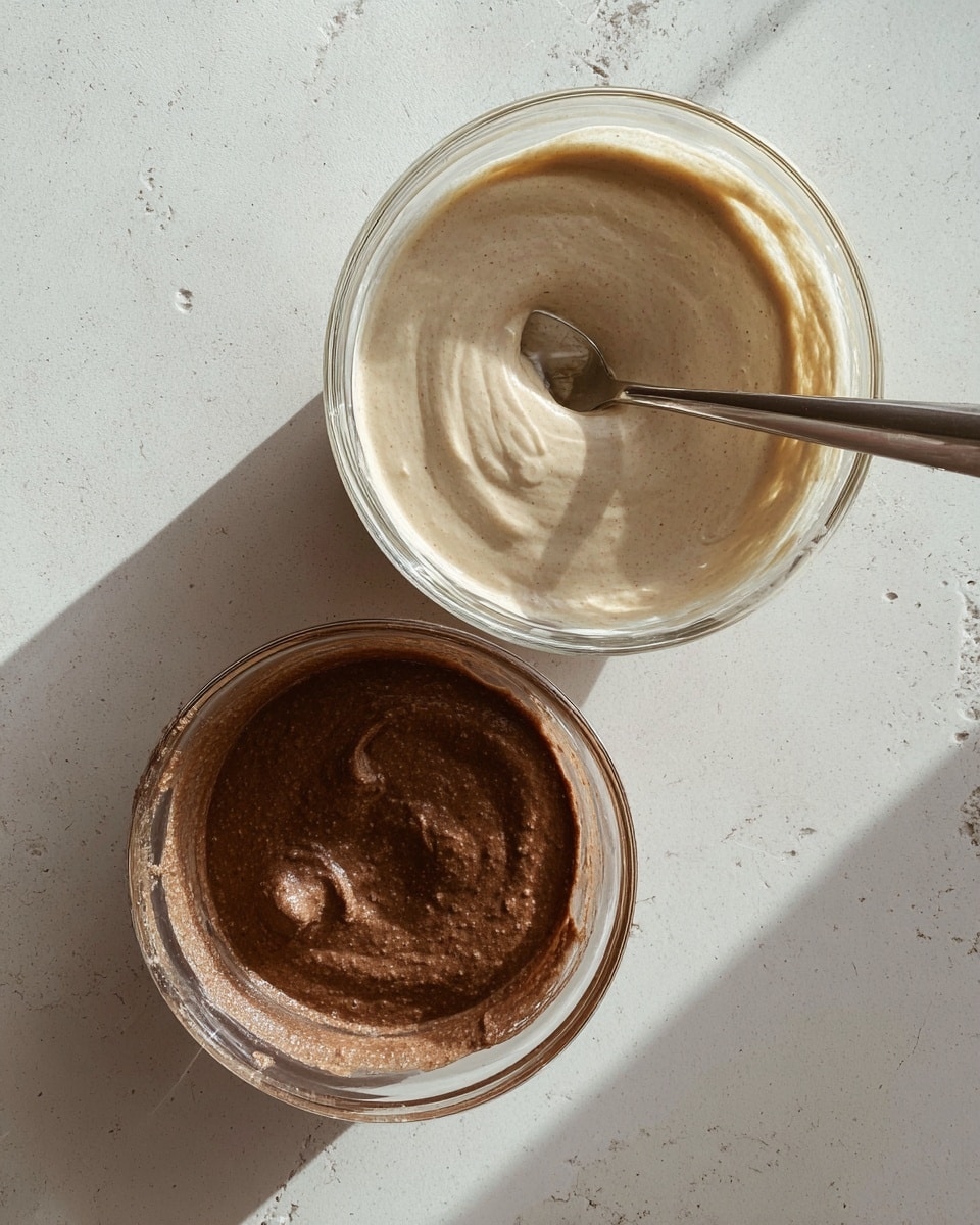 The image shows two clear glass bowls on a white marbled surface. The larger bowl on the top right contains a smooth, creamy mixture with a pale beige color and a spoon resting inside it. The smaller bowl on the lower left holds a thick, chocolate brown mixture with a fork placed in the middle. Both mixtures have a textured surface with small bubbles and slight swirls from stirring. The bowls and utensils are positioned to show a contrast between the light and dark mixtures, with natural light casting soft shadows. Photo taken with an iphone --ar 4:5 --v 7