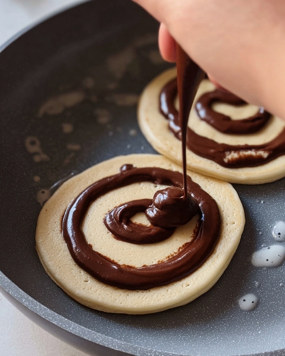 The image shows two round pancakes cooking in a gray pan. Each pancake has a thick light beige base with a smooth texture. On top, a woman's hand is squeezing thick dark brown chocolate batter in a spiral pattern on the pancake in the foreground. The second pancake also has a similar chocolate spiral. Small bubbles and drops surround the pancakes on the pan, showing the cooking process. photo taken with an iphone --ar 4:5 --v 7