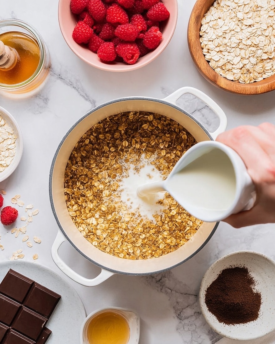 The image shows a top view of a white pot with two handles, filled with golden brown oat flakes layered evenly inside. A woman's hand pours white milk from a small white pitcher into the center of the oats, creating a small splash. Around the pot on a white marbled surface, there are separate bowls and plates with ingredients: a light pink bowl with bright red raspberries at the top, a wooden bowl full of pale oat flakes to the right, a small white plate with dark brown chocolate squares to the left, a small clear container with golden honey below that, and a tiny white dish with dark brown cocoa powder close by. A few loose raspberries add a pop of color on the surface. The scene is bright and clean, with textures from the oats, milk, and various ingredients clearly visible. photo taken with an iphone --ar 4:5 --v 7
