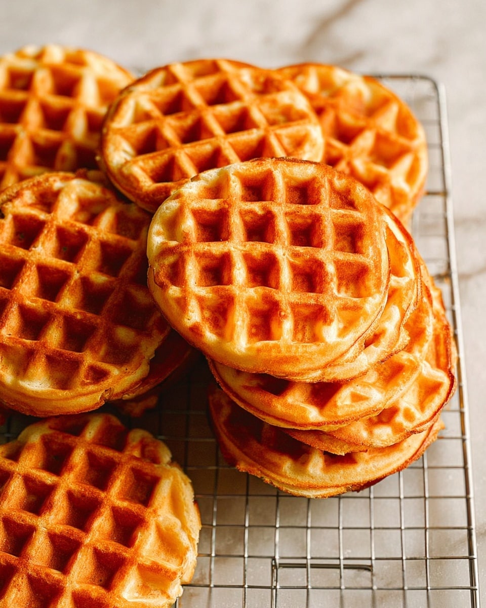 A group of golden brown round waffles is stacked closely on a wire cooling rack, showing their crispy texture with deep grid patterns. The waffles have an even toasted color with some lighter spots and soft edges. Two of the waffles have a small bite taken from their sides, adding a casual look. The cooling rack is placed on a white marbled surface, enhancing the warm tone of the waffles. photo taken with an iphone --ar 4:5 --v 7