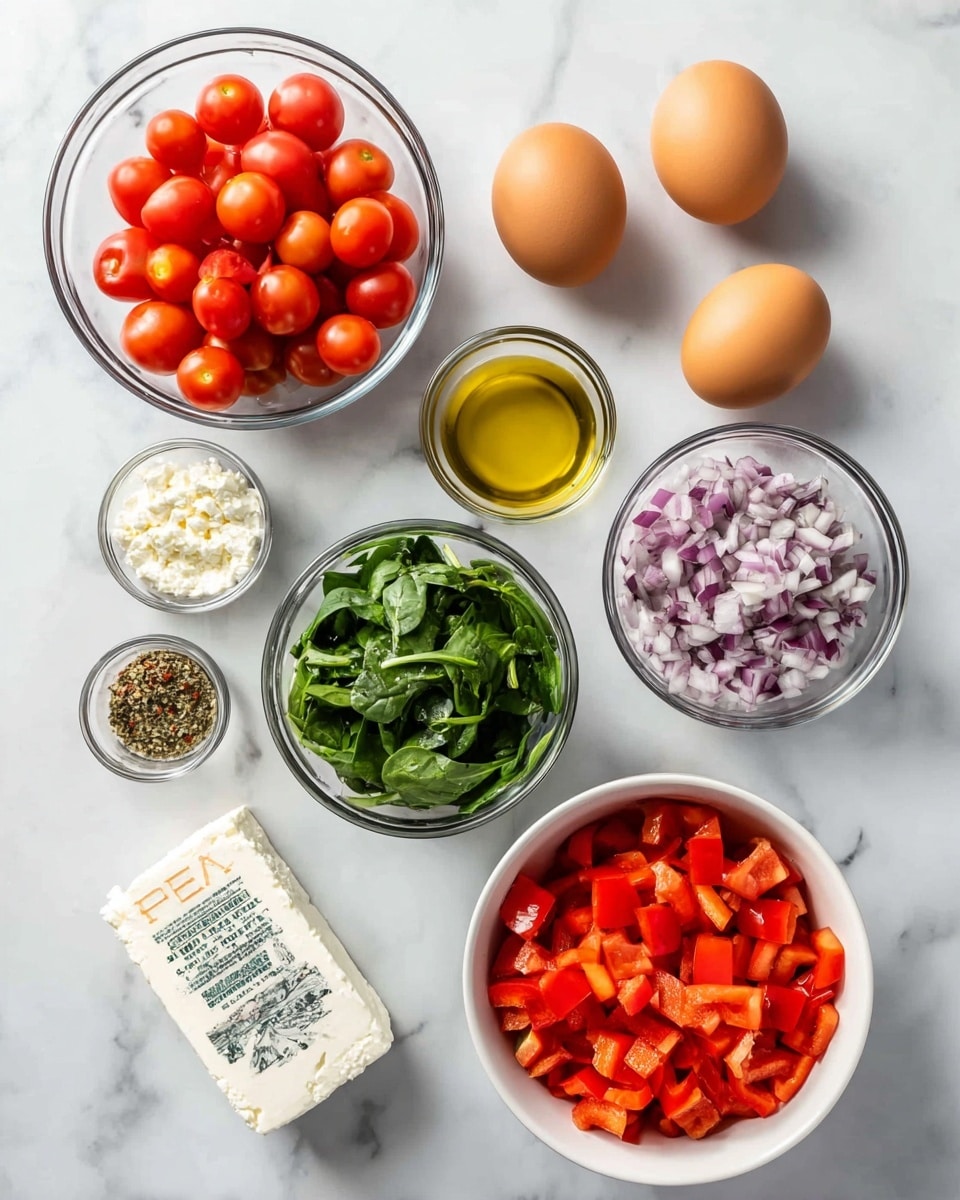 The image shows several clear and white bowls arranged neatly on a white marbled surface, each filled with fresh ingredients. At the top left, a clear glass bowl holds many bright red cherry tomatoes, smooth and round. To its right, four whole brown eggs are placed directly on the surface. Below the eggs, a small clear bowl contains golden olive oil. In the center, a clear bowl is filled with fresh green spinach leaves that look soft and leafy. Toward the bottom right, another clear bowl contains finely chopped purple onions with white and purple pieces mixed. On the lower left side, a block of feta cheese with a label is next to a small white bowl filled with white, red, and green dried herbs and spices. Directly above this, a tiny clear bowl holds finely chopped garlic. Finally, a large white bowl at the bottom right is packed with evenly diced red bell peppers. The ingredients are all colorful and fresh, arranged in a clean, bright setting. photo taken with an iphone --ar 4:5 --v 7