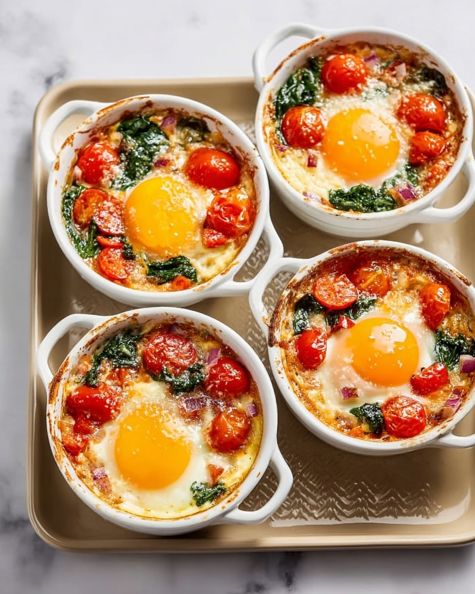 Four white small round baking dishes filled with baked eggs on top, each with one whole bright yellow egg yolk in the center. Around the yolks are layers of red cherry tomatoes, green spinach leaves, and small pieces of red onion, with some bits of melted cheese mixed in. The dishes sit close together on a light beige baking tray with a textured pattern. The background surface is white marble with soft gray veining. photo taken with an iphone --ar 4:5 --v 7