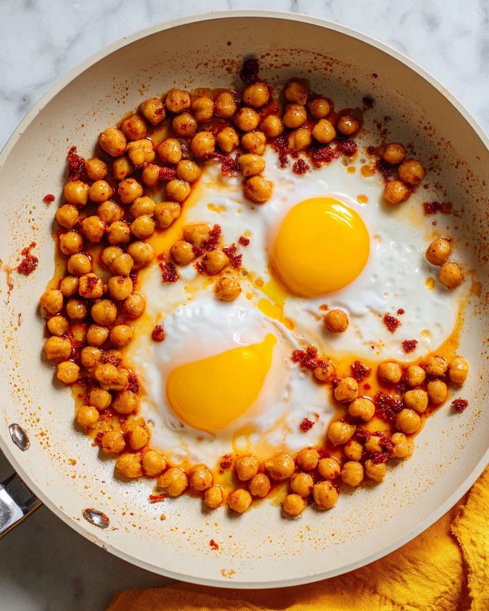 The image shows a white frying pan filled with two cooked eggs with soft white edges and bright yellow yolks slightly runny, placed slightly apart in the center. Surrounding and between the eggs are many small brown chickpeas mixed with small pieces of crispy red-brown bits and a light orange oily sauce that glistens across the pan. The chickpeas and sauce spread mostly around and between the eggs, creating a colorful, textured contrast of creamy egg whites, smooth yolks, and round, firm chickpeas. The pan rests on a white marbled surface with part of a yellow cloth visible at the corner. Photo taken with an iphone --ar 4:5 --v 7