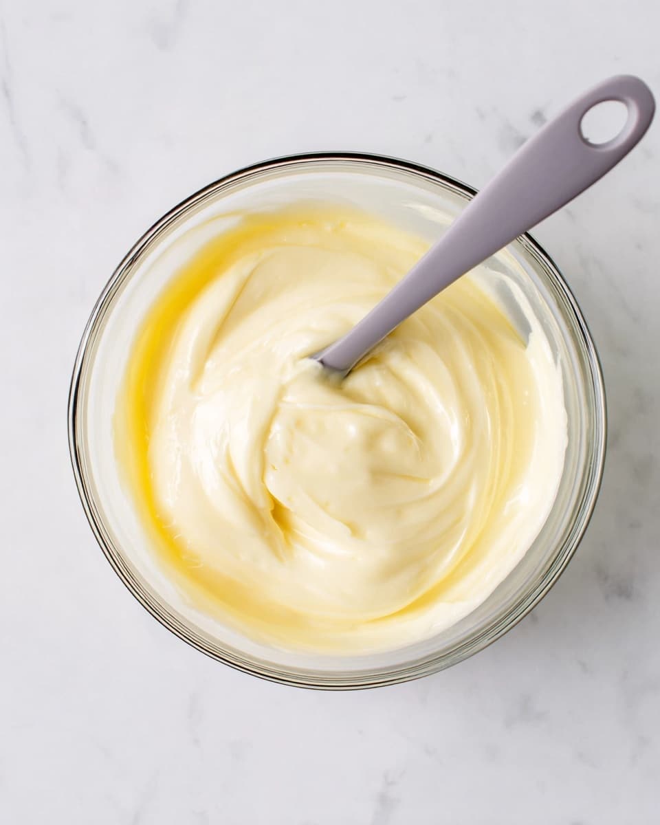 A clear glass bowl holds a creamy, pale yellow mixture with a smooth, thick texture. The mixture fills the bowl nearly to the top and shows soft swirls on its surface. A gray silicone spoon with a round hole near the handle tip is resting inside the bowl, partly submerged in the mixture. The bowl is placed on a white marbled textured surface. photo taken with an iphone --ar 4:5 --v 7