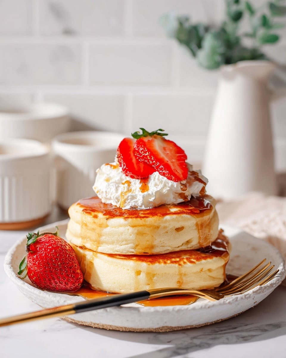 The image shows two thick, fluffy pancakes stacked on a white plate with a rough edge. Syrup is drizzled over the pancakes, running down the sides. On top, there is a dollop of whipped cream with two sliced strawberries placed on it, showing their bright red inside and green leaves. One whole strawberry with green leaves sits beside the stack on the plate. A gold and black fork rests on the plate’s edge. The background has a white marbled texture with white containers and a blurred white pitcher. Photo taken with an iphone --ar 4:5 --v 7
