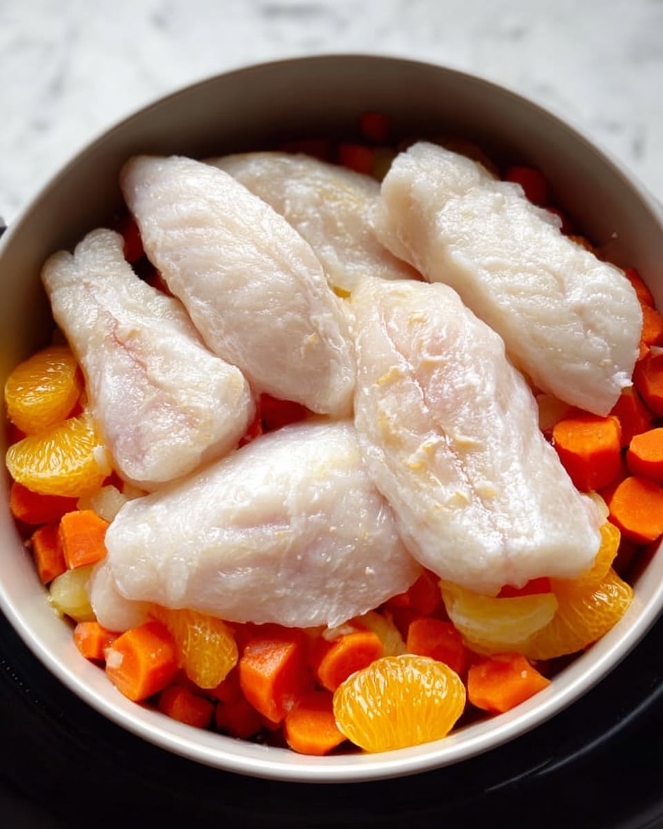 A white bowl filled with a colorful mix of small orange carrot pieces and bright orange mandarin slices at the bottom layer, topped with seven large, pale white raw fish fillets arranged unevenly in a single layer. The bowl rests on a white marbled surface. The textures show the soft, slightly frosty look of the fish fillets contrasted with the smooth and shiny fruit and vegetable pieces beneath. Photo taken with an iphone --ar 4:5 --v 7