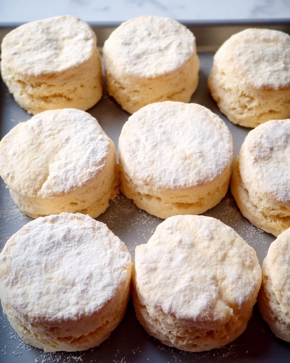 Nine round biscuits are placed closely together on a grey baking tray. Each biscuit has two thick layers, with a pale cream color and a soft, fluffy texture. Some have a light dusting of white flour on their top surfaces, adding a powdery look. The edges are slightly rough and show small cracks, giving a homemade feel. The biscuits appear fresh and ready to bake on the flat surface of the tray. The background is a white marbled texture photo taken with an iphone --ar 4:5 --v 7