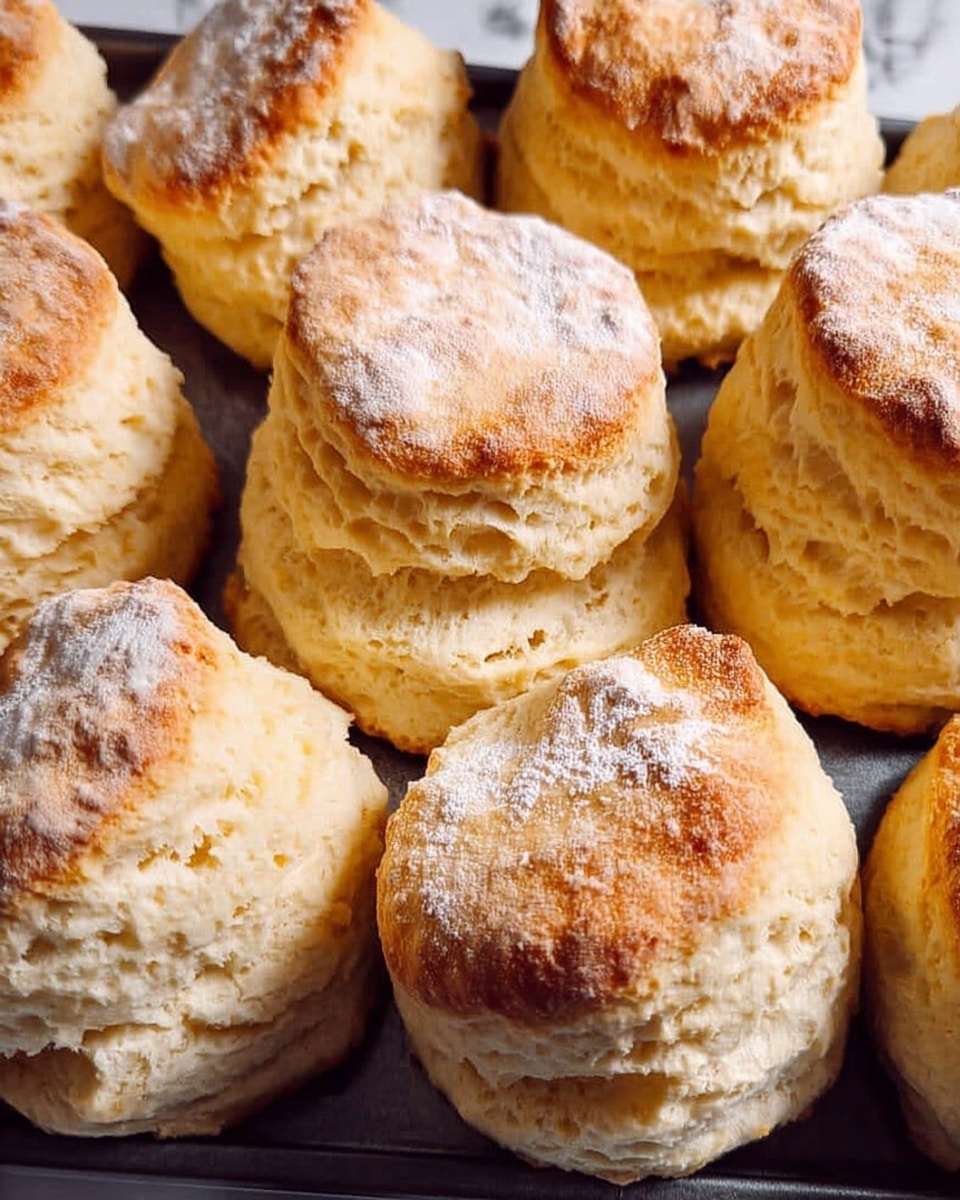 The image shows a close-up of several golden-brown biscuits arranged closely together. Each biscuit has a round shape with a slightly cracked and textured surface, displaying layers that give a fluffy and soft look inside. The tops of the biscuits have a light dusting of flour and a warm, baked color varying from light golden to deeper brown edges. The biscuits sit on a dark baking tray, which contrasts with the golden color of the biscuits. The background features a white marbled texture. photo taken with an iphone --ar 4:5 --v 7