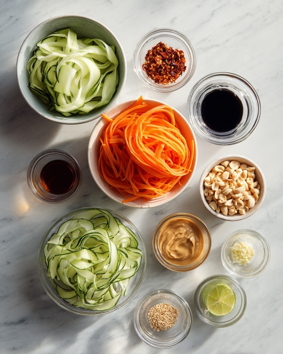 Top-down professional food photography, flat lay style, bright white marble countertop, neatly arranged, evenly spaced, tidy, clean organized layout, include: bowl of thinly sliced cucumber, bowl of thinly sliced carrot ribbons, small bowl of toasted sesame seeds, small bowl of toasted peanuts, small glass cup of creamy peanut butter, small glass cup of soy sauce, small bowl of minced garlic, small glass cup of lime juice, small bowl of chili flakes, bright soft natural lighting, sharp focus, high detail textures, realistic reflections, professional DSLR look, 4K, no finished dish, no cooked food, no hands, no text, no watermark, no brand logos --ar 4:5 --v 7