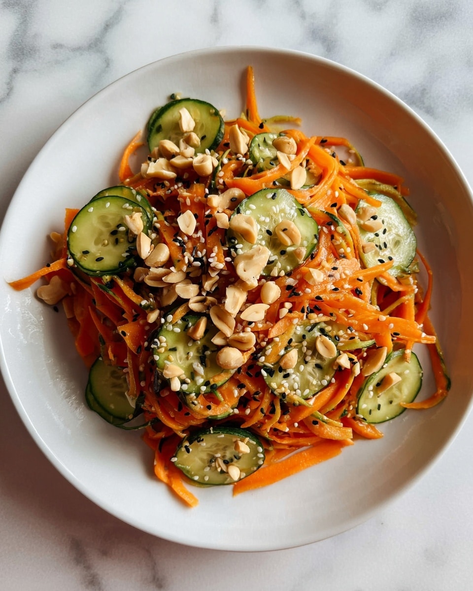A white plate holds a fresh salad with two main layers: thin, bright orange carrot strips that are slightly glossy, and round cucumber slices with a dark green outer edge and light green center. On top, the salad is sprinkled with light beige peanuts and white and black sesame seeds, adding texture and small color dots. The plate is set on a white marbled textured surface. photo taken with an iphone --ar 4:5 --v 7