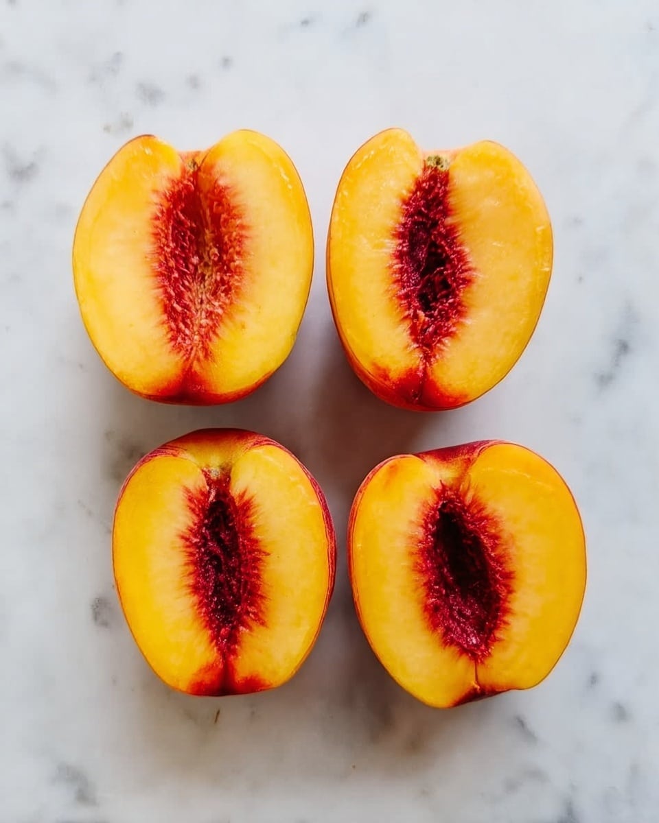 The image shows four peach halves arranged in two rows on a white marbled surface. Each peach half has a bright orange-yellow outer flesh with a deep red center where the pit was removed. The texture of the peach flesh looks soft and juicy, with the inner red area appearing slightly fibrous and more textured. The peach halves are neatly aligned, with the cut side facing up, showing the contrasting colors between the smooth outer flesh and the rougher red middle. Photo taken with an iphone --ar 4:5 --v 7
