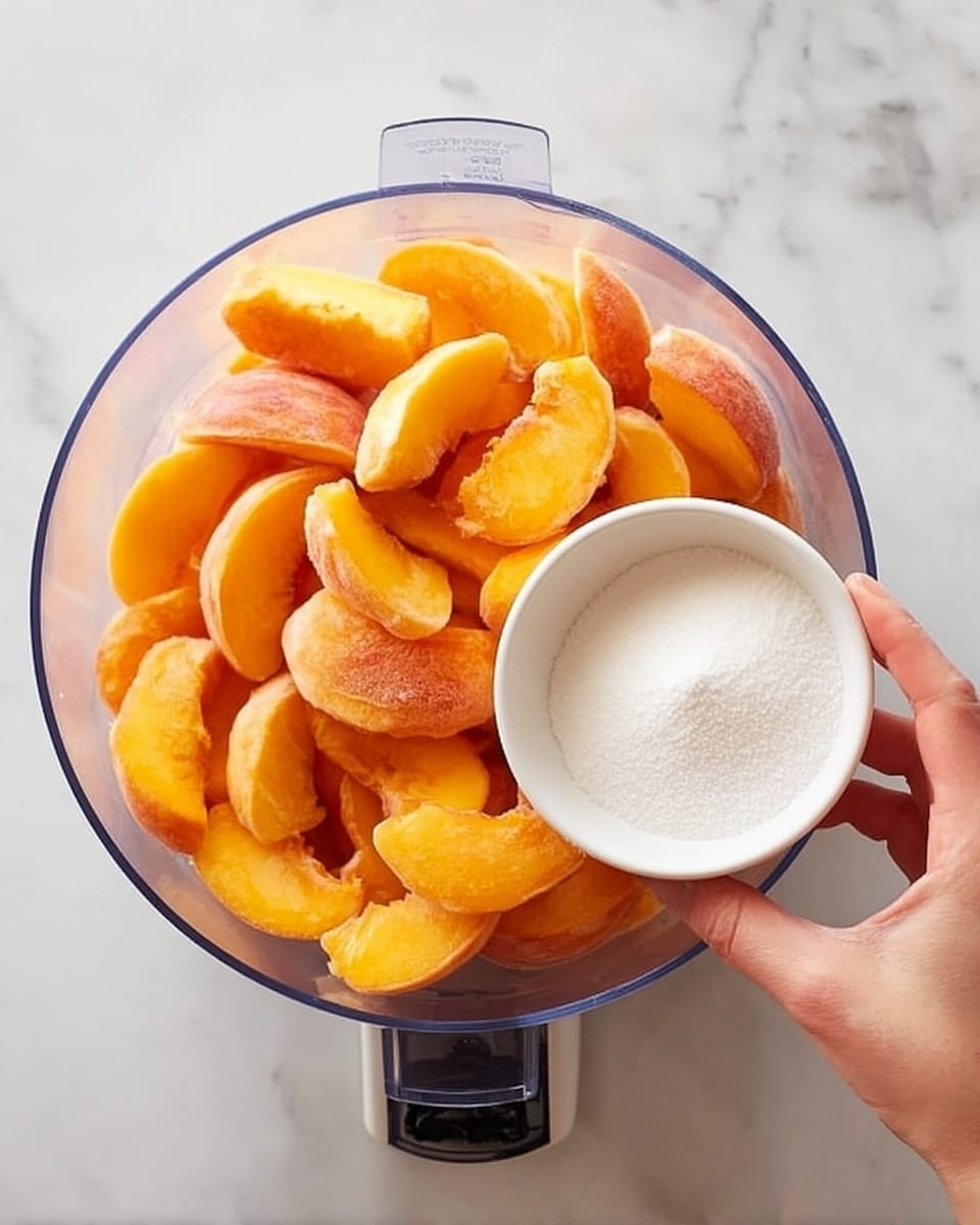 A clear food processor bowl filled with sliced orange peaches shows the soft texture and some frost from being frozen. Above the bowl, a woman's hand holds a small white bowl full of white granulated sugar, ready to pour it in. The whole setup is on a white marbled surface, highlighting the colors and freshness of the peaches and the purity of the sugar. Photo taken with an iphone --ar 4:5 --v 7