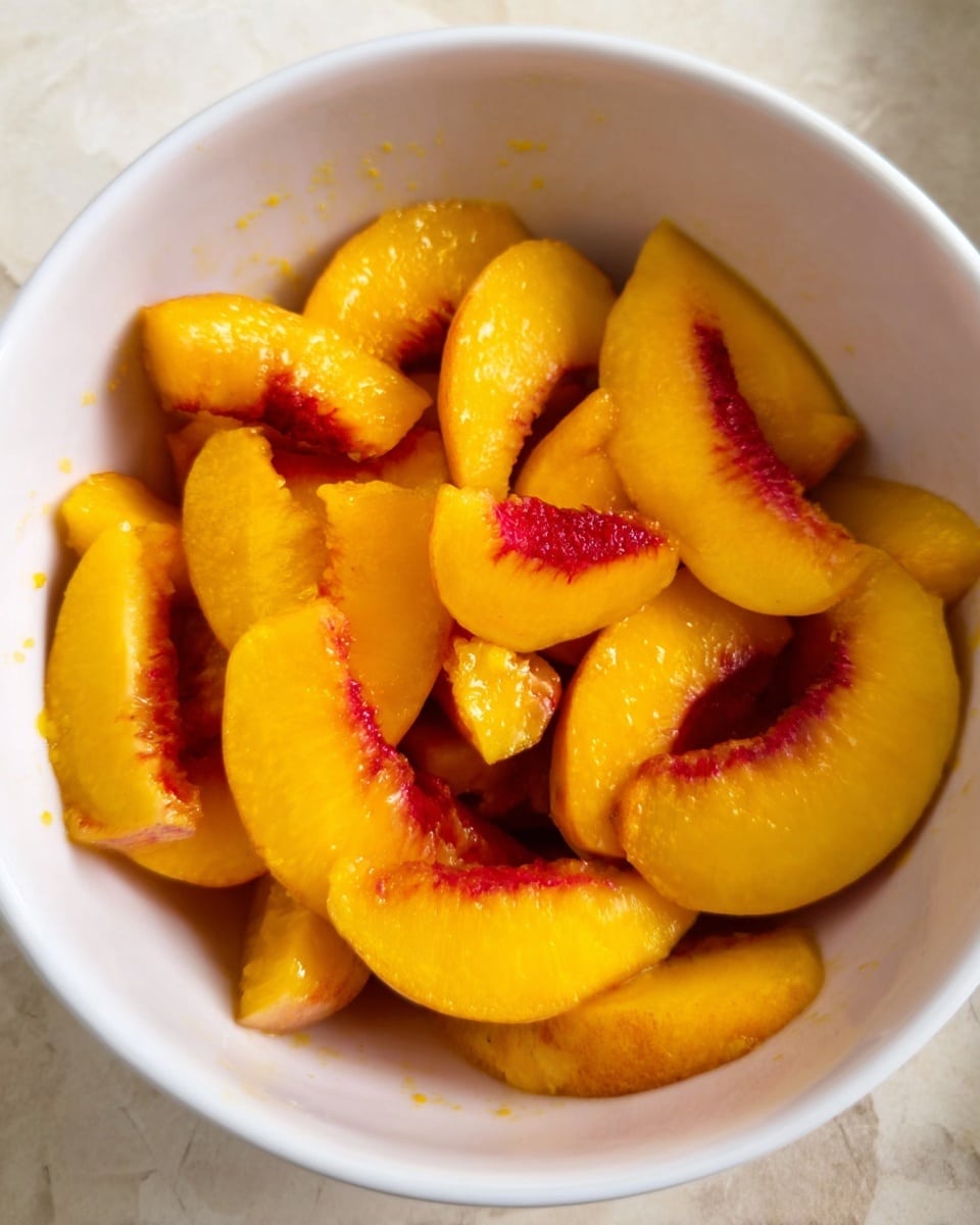 A white bowl filled with slices of bright orange-yellow peaches with some red parts near the edges. The peach slices have a shiny, fresh look and some soft texture showing. The white marbled surface is mostly visible around the bowl. The photo taken with an iphone --ar 4:5 --v 7