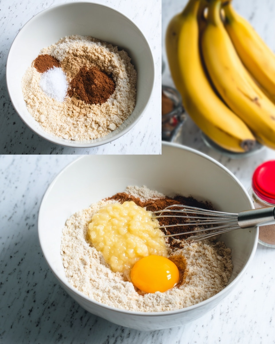 A white bowl on a white marbled surface holds several layers of ingredients. The first layer is a mix of light beige flour, dark brown cinnamon powder, and a small heap of white salt. Nearby, a brown granulated substance is also visible. In the second image, two bright yellow eggs and a pale yellow mashed banana sit on top of the dry ingredients in the same white bowl, with a silver whisk placed inside. In the background on the white marbled surface, a bunch of yellow bananas and two small red-topped jars are visible. The photo was taken with an iphone --ar 4:5 --v 7