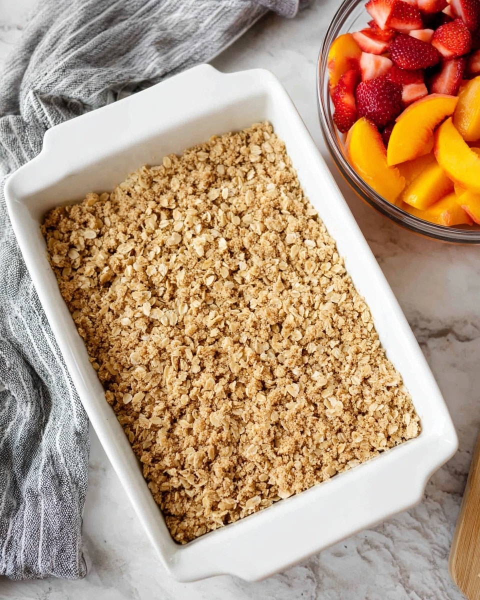 The image shows a white rectangular baking dish filled with a single layer of golden brown crumb topping made of oats and small crunchy clumps, evenly spread across the inside. Next to it, there is a clear glass bowl containing bright orange peach slices and red strawberry pieces. A gray and white striped cloth is partially visible to the left of the baking dish. The scene is set on a white marbled textured surface. Photo taken with an iphone --ar 4:5 --v 7