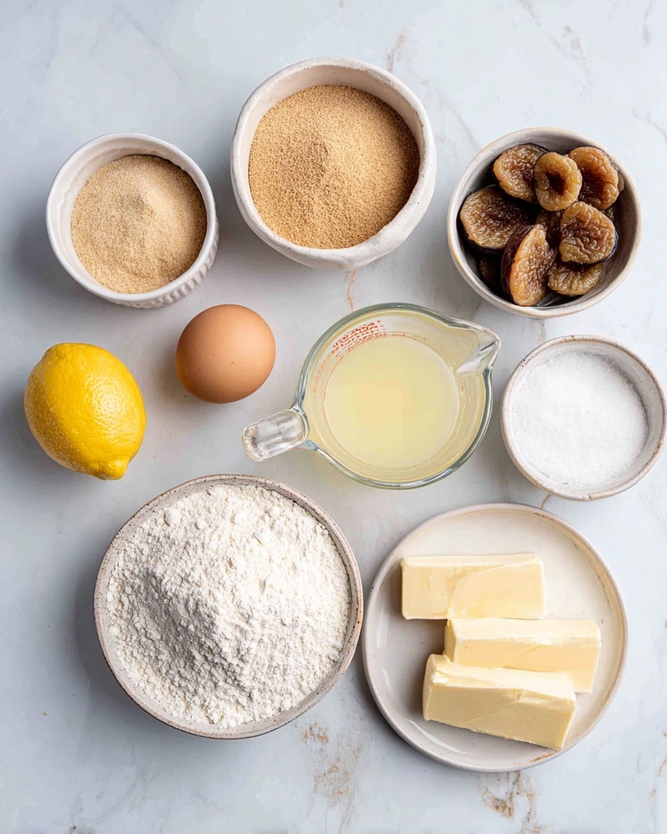 The image shows eight small white bowls and plates arranged on a white marbled surface, each containing a different ingredient: a bowl of light brown sugar, a bowl of finely ground flour mixture, a small white bowl with a single brown egg, a half lemon, a glass measuring cup filled with a pale yellow liquid, a bowl full of dried figs, a white bowl with white salt and baking powder, and a small plate with several thick slices of pale yellow butter. photo taken with an iphone --ar 4:5 --v 7