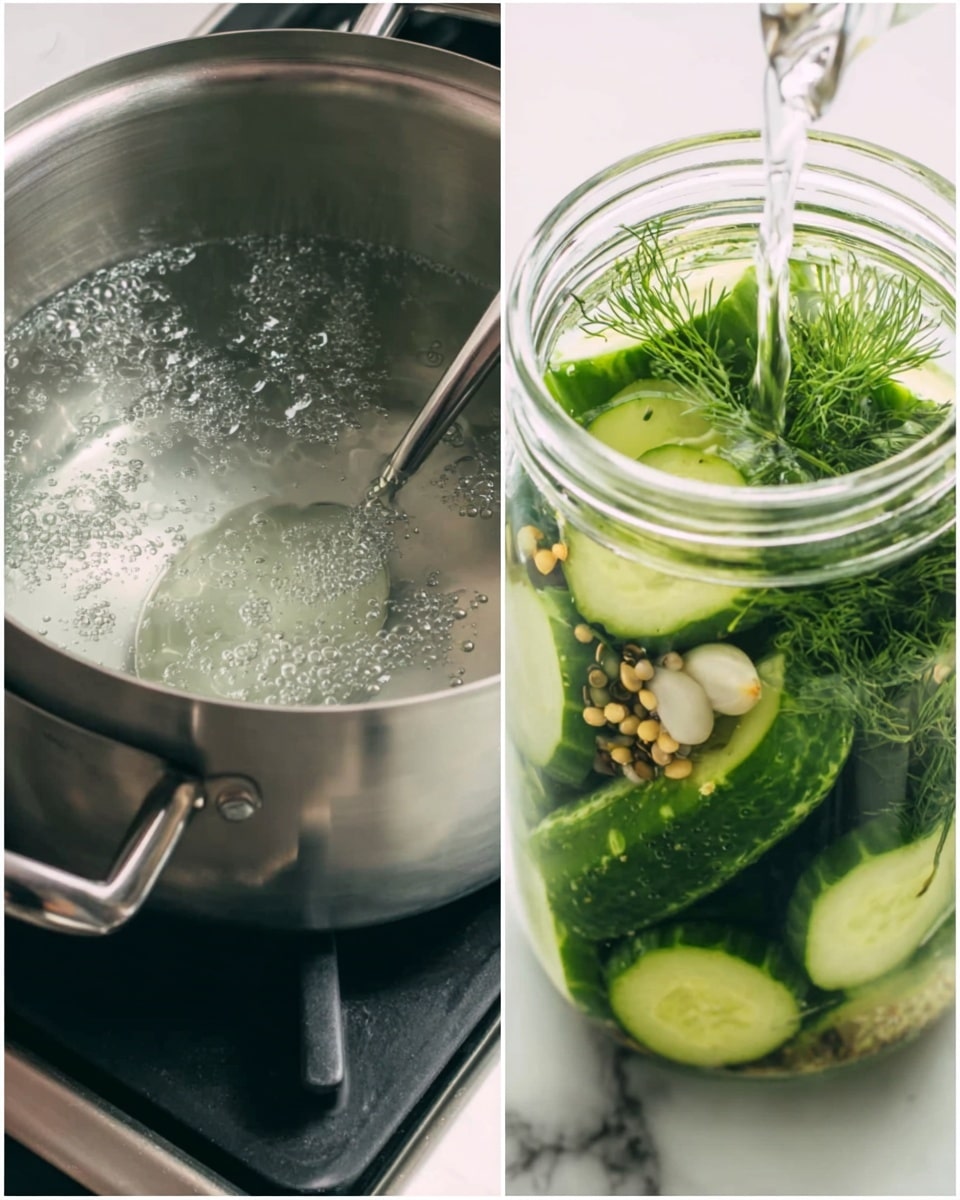 The image shows two close-up views: on the left, a metal saucepan filled with clear boiling water and a metal spoon stirring inside it, set on a stovetop with black handles; on the right, a white jar filled with large green cucumber slices, pale mustard seeds, white garlic cloves, and green dill sprigs, with a stream of clear liquid being poured into the jar over the ingredients. The background is a white marbled texture. Photo taken with an iphone --ar 4:5 --v 7
