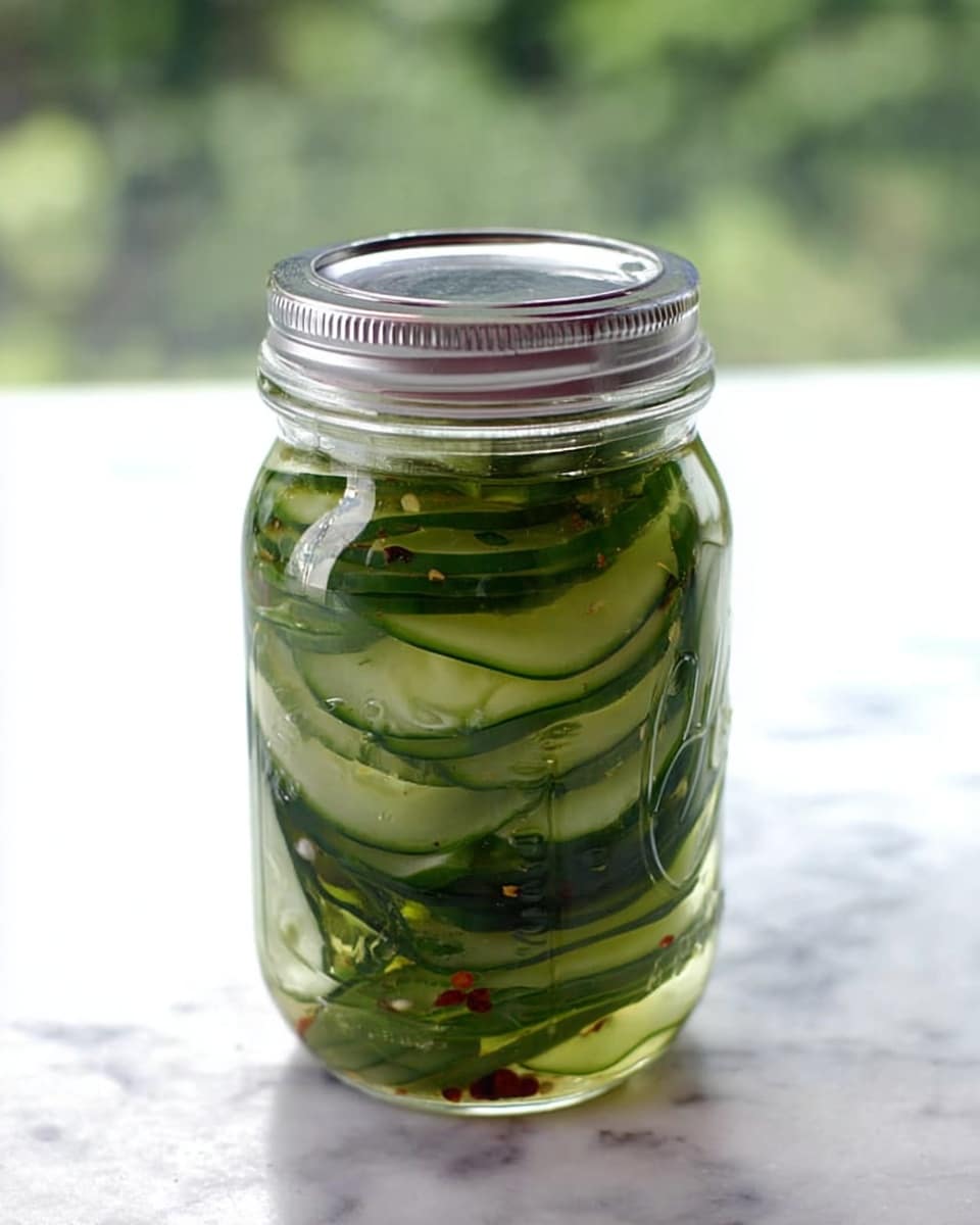 A clear glass mason jar with a silver metal lid, filled with several layers of thin, round cucumber slices soaked in a light greenish liquid, with some small red and white spices or seeds floating between the cucumber layers; the jar is placed on a white marbled surface with a blurry green background beyond. Photo taken with an iphone --ar 4:5 --v 7