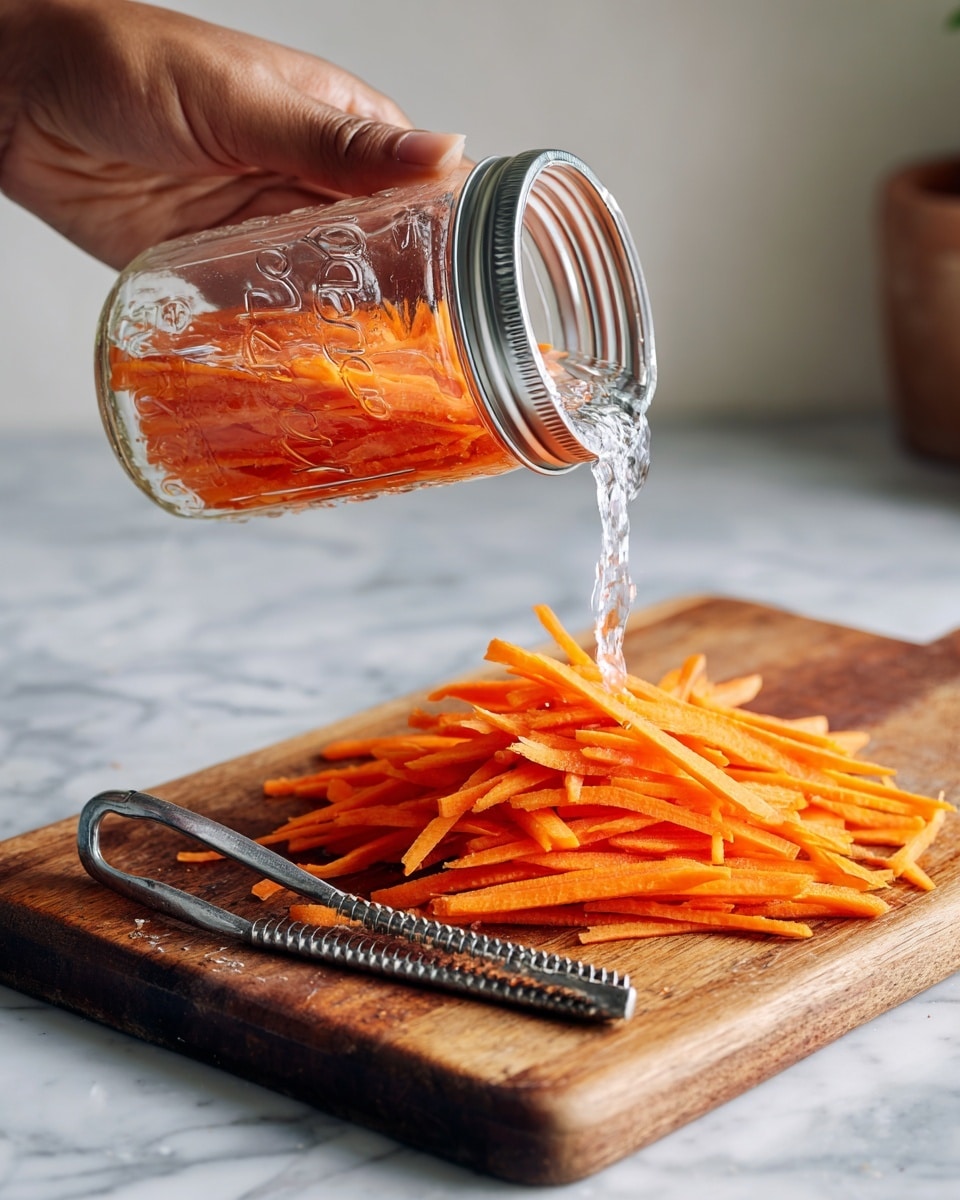 A woman's hand is holding a glass jar with a silver lid, pouring a clear liquid over a pile of thin orange carrot strips on a wooden cutting board. The cutting board is placed on a white marbled surface, and a metal peeler lies next to the carrots. The image shows a simple kitchen prep moment with soft natural light coming from above. photo taken with an iphone --ar 4:5 --v 7