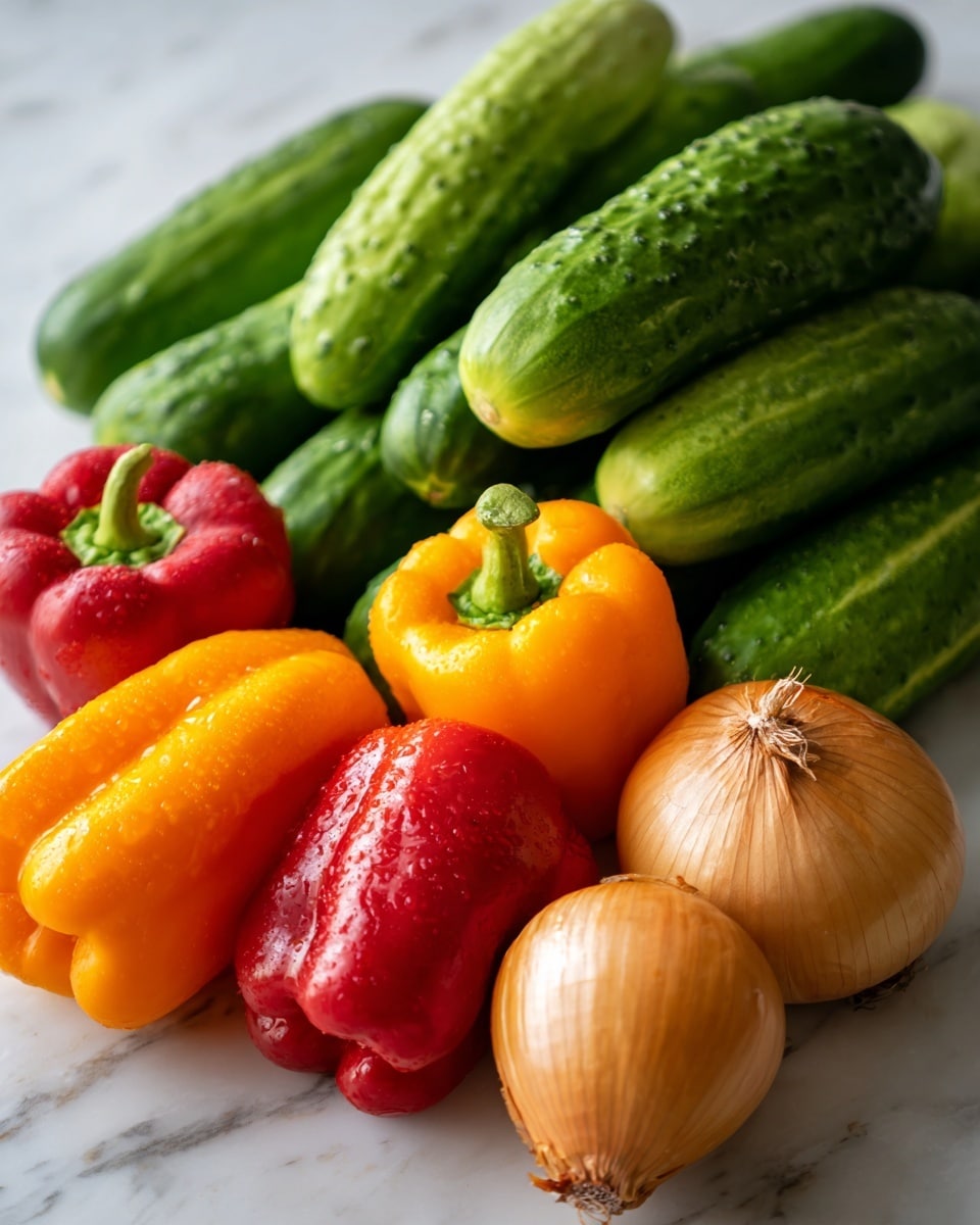 The image shows a pile of fresh vegetables arranged on a white marbled surface. There are many green cucumbers laying in the background and filling the majority of the space. In front of them, there are two whole yellow onions placed near the bottom right corner. Toward the lower center, there are bright red and orange bell peppers with smooth, shiny skins. The whole vegetables create a colorful, natural mix with green, yellow, orange, and red shades spread out evenly. The lighting is bright and natural, highlighting the fresh textures of the vegetables. photo taken with an iphone --ar 4:5 --v 7