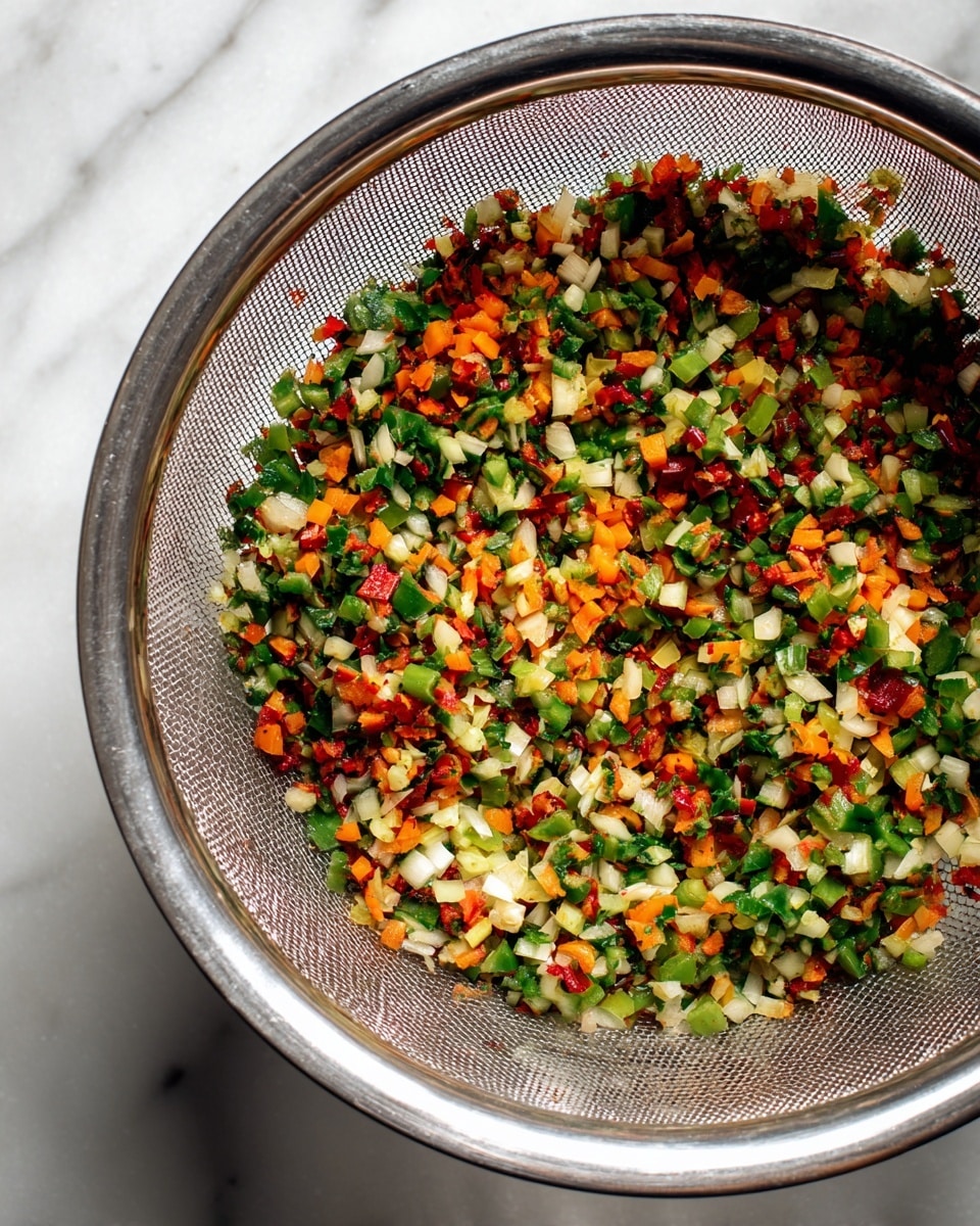 A close-up view of a large silver metal colander filled with finely chopped mixed vegetables that include green, red, orange, and white pieces, giving a colorful and textured appearance. The finely chopped vegetables are evenly spread inside the colander, showing a fresh and vibrant mix of colors and tiny bits. The colander sits on a white marbled surface, enhancing the bright colors of the chopped vegetables. photo taken with an iphone --ar 4:5 --v 7