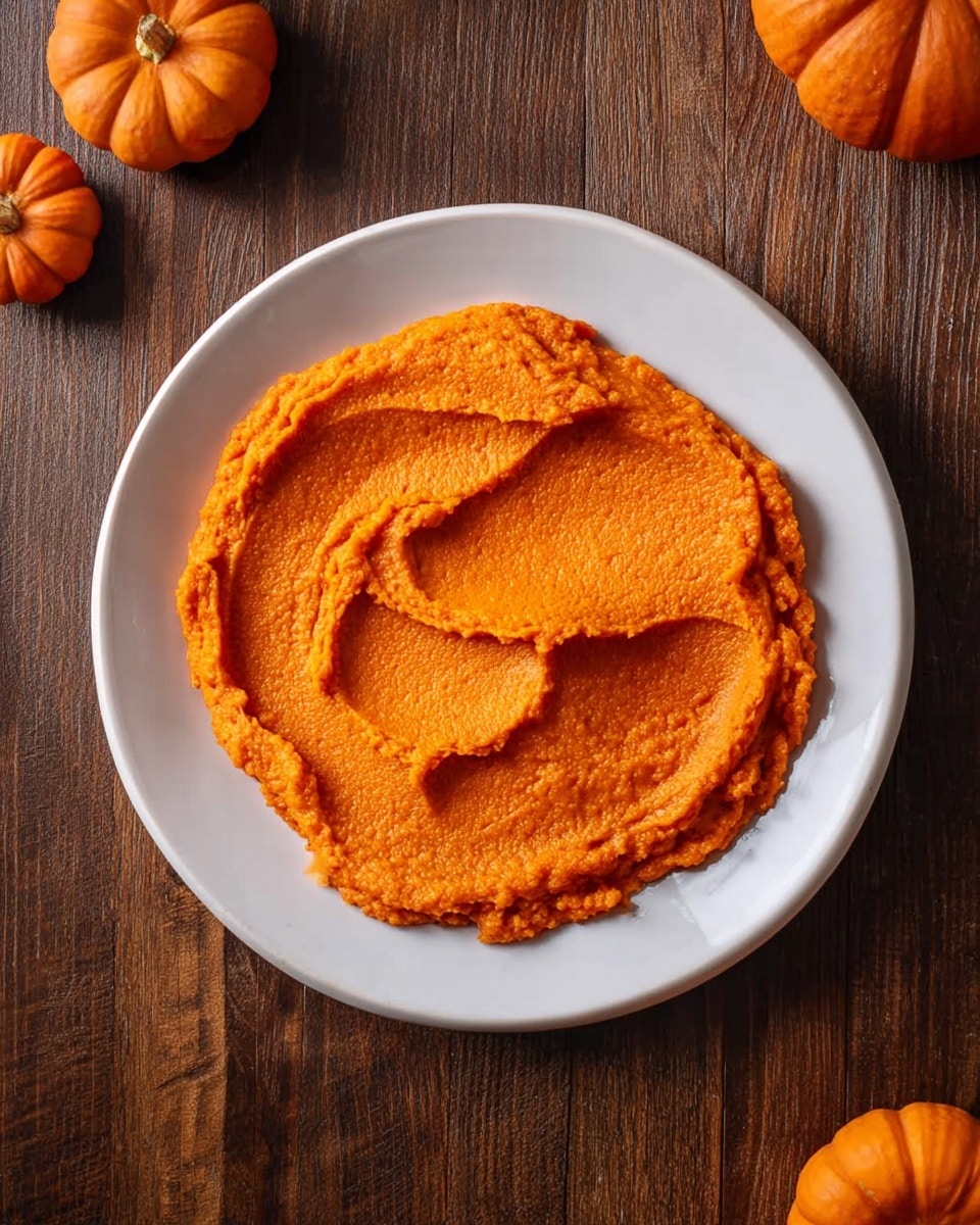 A single white plate holds a smooth, bright orange pumpkin puree spread evenly in one layer, with visible soft texture and some ridges from spreading, sitting on a dark wooden table surface surrounded by small orange pumpkins on the sides. The background is changed to a white marbled texture. photo taken with an iphone --ar 4:5 --v 7