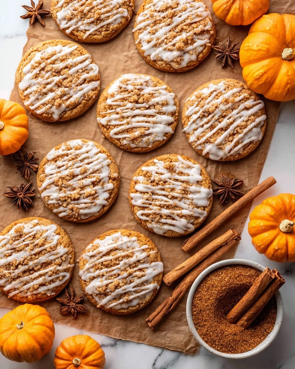 A group of round cookies arranged on brown parchment paper over a white marbled table. Each cookie has two layers: a base layer of light orange-brown cookie dough and a top layer of crumbly, darker brown streusel unevenly spread across the center. White icing is drizzled in thin lines over the top of each cookie. Around the cookies, there are small orange pumpkins, cinnamon sticks, and star anise scattered. On the right side, there is a white bowl filled with cinnamon powder and topped with two cinnamon sticks. photo taken with an iphone --ar 4:5 --v 7