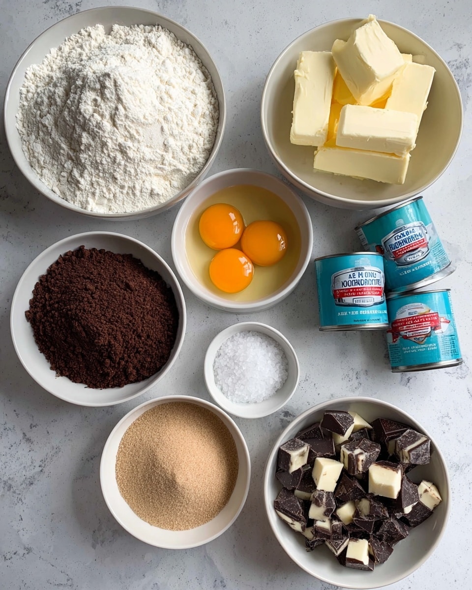 The image shows eight white bowls and two small tins arranged neatly on a white marbled surface. Starting from the top left, there is a large white bowl filled with finely ground flour in a soft white color. Next to it, a large bowl holds pale yellow rectangular chunks of butter stacked loosely. Below the flour, a medium bowl contains three bright raw egg yolks immersed in clear egg whites. To the right of the eggs, a medium white bowl is filled half with white granulated sugar and half with light brown sugar, showing a clear division between the two textures. Below the sugar bowl, a smaller bowl holds a dark brown powder, smooth and rich-looking, which is cocoa powder. Next to it, a very small bowl contains white salt crystals. On the lower right side of the image, another large bowl is filled with uneven pieces of dark and white chocolate chunks. Between the bowls on the right, two small tins of baking soda and baking powder with turquoise and red lids are placed side by side. The whole arrangement is balanced and clean, top-down view, with clear colors and textures of baking ingredients. photo taken with an iphone --ar 4:5 --v 7