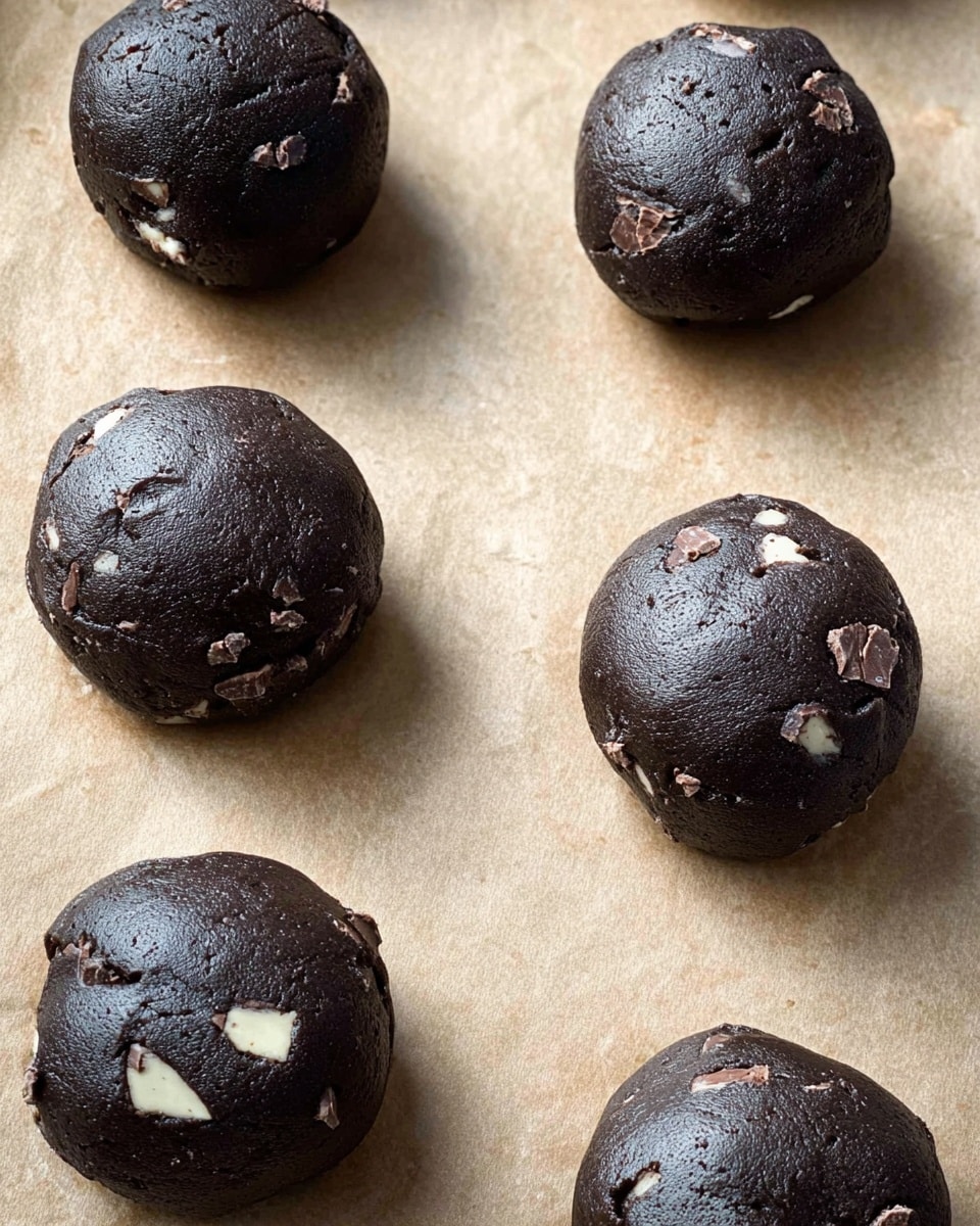 Six round balls of dark chocolate dough with white and dark chocolate chunks are evenly spaced on light brown parchment paper. The dough looks dense and smooth with small visible cracks and pieces of embedded chocolate, some chunks slightly sticking out from the surface. The balls are arranged in two columns and three rows in a grid pattern. The scene is lit naturally from the side, casting soft shadows to the right. photo taken with an iphone --ar 4:5 --v 7