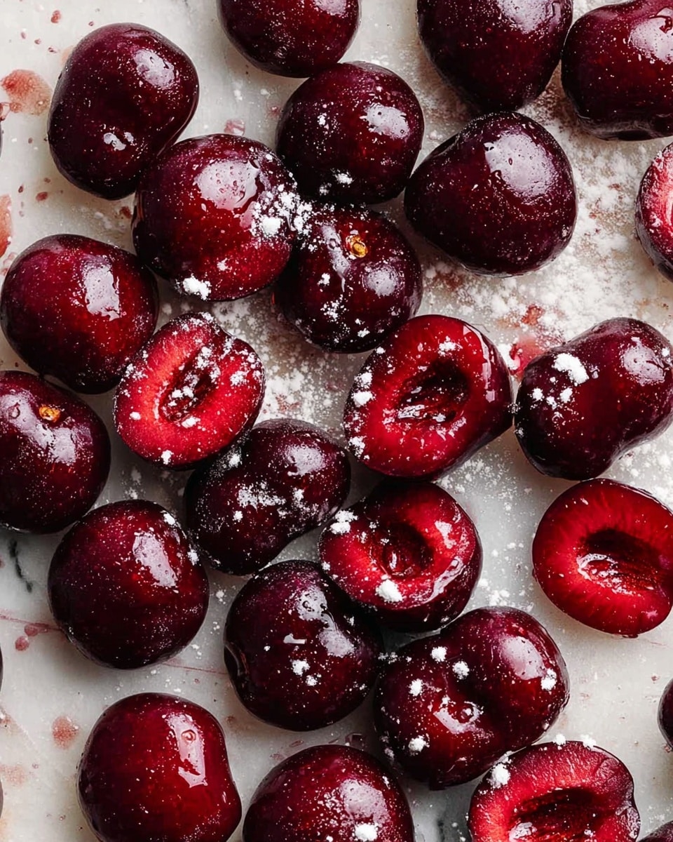 The image shows many dark red cherries, some whole and some cut in half, spread out on a white marbled surface. The cherries look shiny and juicy, with liquid from the fruit glistening on the surface. A light dusting of white powder, likely sugar or flour, is scattered unevenly around the cherries, adding texture. The close-up view highlights the smooth and slightly wet texture of the cherries against the soft, clean background photo taken with an iphone --ar 4:5 --v 7