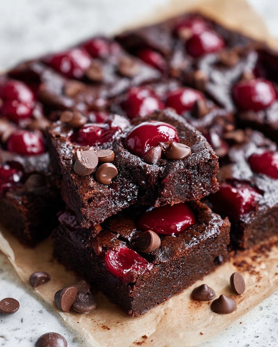 This image shows a plate of dark brown brownies cut into square layers, each piece thick and moist with a slightly cracked surface. The brownies are topped with glossy deep red cherry halves scattered unevenly, some of them shiny with juice. Small, smooth, dark chocolate chips are spread across the top, adding a different texture and color dimension. One brownie square is held up, showing a dense and rich inside texture with embedded chocolate chips. The brownies rest on a sheet of light brown parchment paper placed on a white marbled surface. Photo taken with an iphone --ar 4:5 --v 7