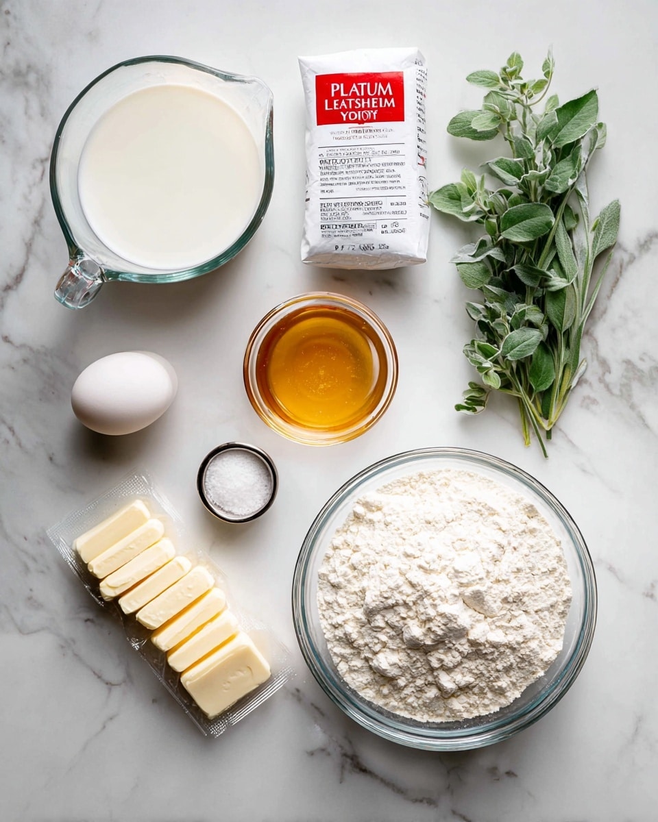 The image shows baking ingredients arranged neatly on a white marbled surface. From top left, there is a clear measuring cup filled with white milk, next to a small white packet of platinum yeast with red and black text. To the right, a small round glass bowl contains golden honey. Below the yeast packet is a larger glass bowl filled with white flour, slightly textured on top. To the bottom left, a white egg sits beside a row of pale butter slices on a clear wrapper. Near the bottom right corner, fresh green herbs with different leaf shapes are placed casually. A small silver container with white salt is near the honey bowl, all items spaced evenly. photo taken with an iphone --ar 4:5 --v 7