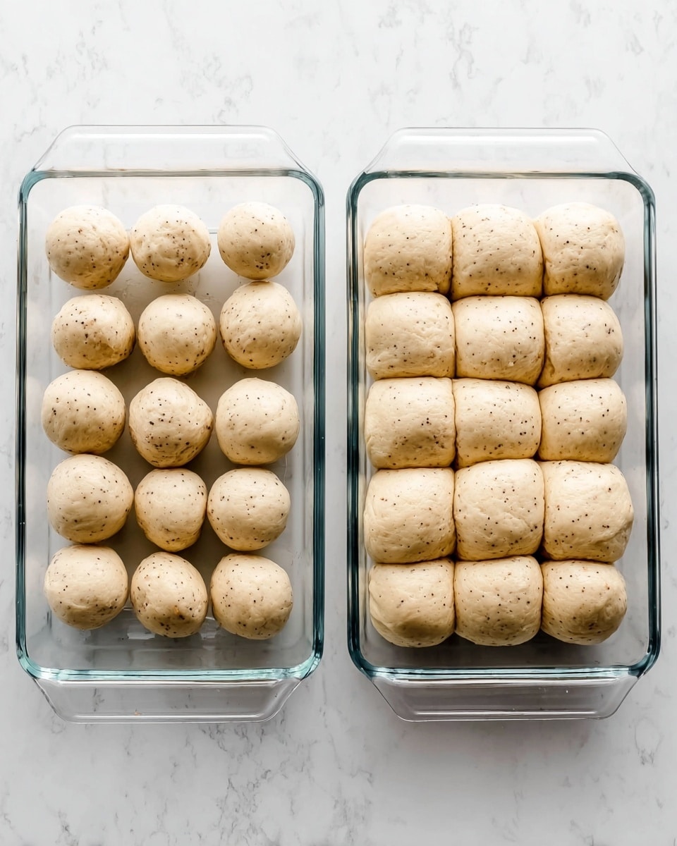 The image shows two side-by-side rectangular glass baking dishes on a white marbled surface. The left dish holds fifteen small, round dough balls, each light beige with small seeds visible on the surface, spaced evenly apart. The right dish shows the same dough balls after rising, now touching each other and having grown bigger, forming a block of soft, plump rectangles with a smooth texture and light beige color with visible seeds throughout. Photo taken with an iphone --ar 4:5 --v 7