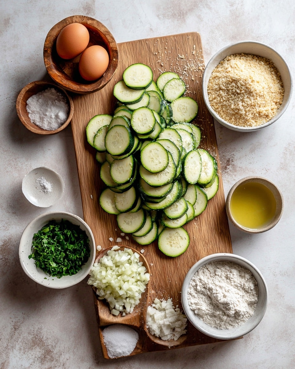 The image shows a wooden cutting board placed on a white marbled texture surface. On the board, there is a large pile of sliced green zucchini arranged in the center. To the right of the zucchini, there is a small white bowl filled with light tan breadcrumbs. Below the breadcrumbs, there is a small pile of chopped white onions. Below the onions, a small wooden bowl holds minced garlic. To the left of the garlic, there is a white bowl with chopped fresh green parsley. Surrounding the cutting board are three brown eggs stacked in a white bowl, a small white bowl of white flour, a small wooden bowl with salt and black pepper, and a small white bowl filled with a pale yellow liquid, likely oil. Photo taken with an iphone --ar 4:5 --v 7
