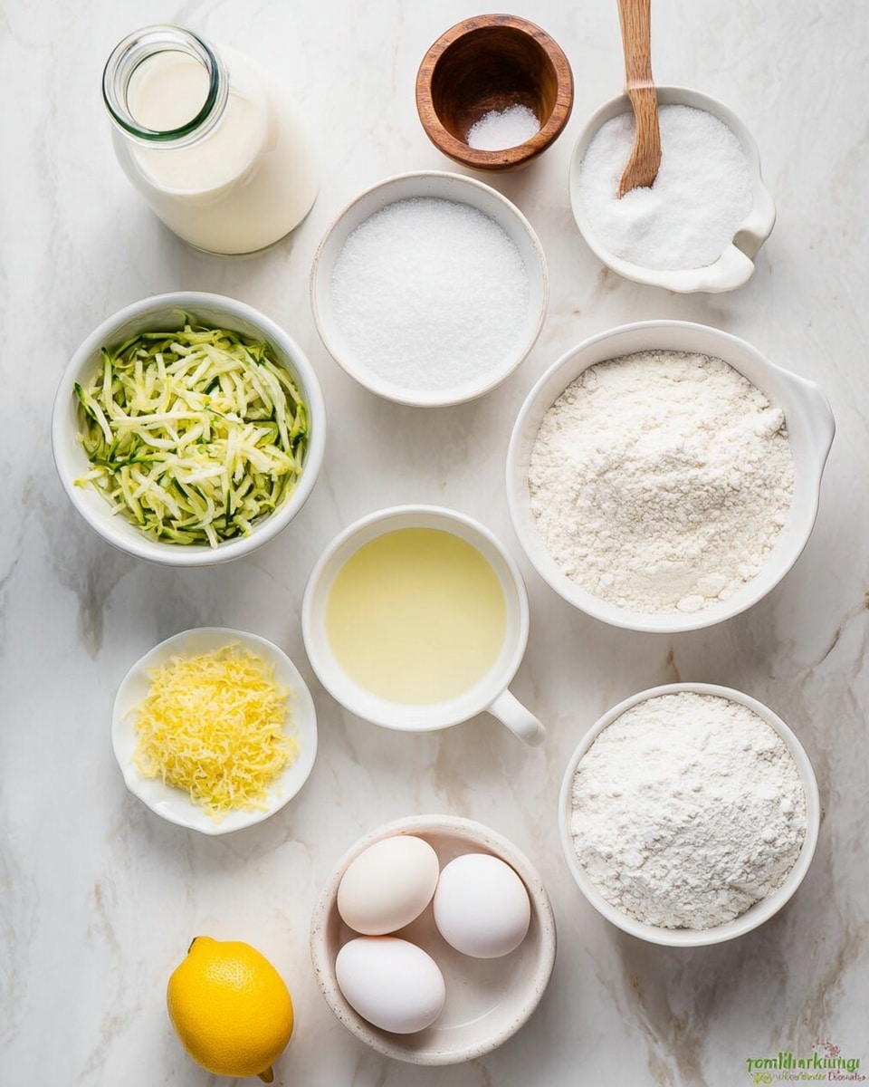 The image shows several small white bowls and a bottle arranged on a white marbled surface. At the top left is a glass bottle filled with a light cream liquid. To its right, there is a white bowl filled with white granulated sugar, and next to it a wooden container with salt and a small wooden spoon. Below the sugar is a medium white bowl filled with white flour. To the left of the flour is a white cup containing shredded green zucchini. Below the zucchini is a small white plate holding yellow lemon zest. Next to that is a small white bowl with lemon juice and a yellow lemon fruit placed beside it. To the right of the lemon juice bowl is a small white dish with two white eggs. Above the eggs is a round glass filled with clear oil. To the right of the eggs is another white bowl filled with a white powder, likely baking powder or cornstarch. All items are neatly spread out over the white marbled surface, creating a clean and organized look photo taken with an iphone --ar 4:5 --v 7