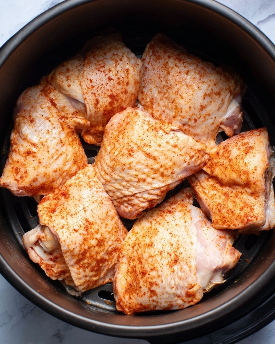 The image shows a close-up of several pieces of raw chicken thighs with skin, arranged closely together inside a dark cooking pot or air fryer basket. The chicken pieces have a light reddish-orange seasoning spread unevenly over their skin, giving a slightly textured look. The pot's black surface contrasts with the pale chicken skin, and the photo is taken from above, showing the chicken filling most of the round cooking area. The background is a white marbled texture. Photo taken with an iphone --ar 4:5 --v 7