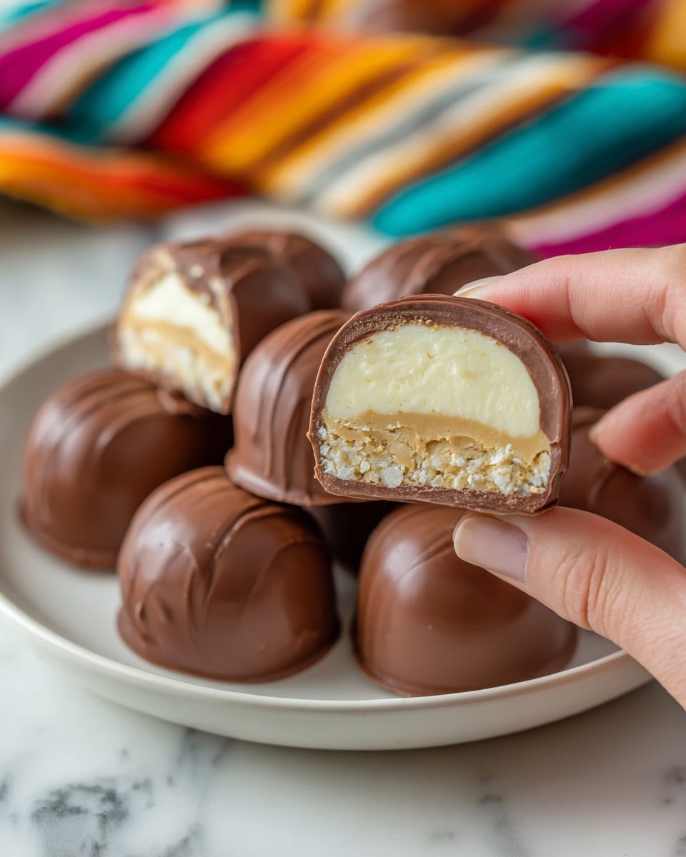 A white plate full of round chocolates with a smooth, milk chocolate coating sits on a white marbled surface with a colorful striped cloth in the background. One piece is held by a woman's hand at the front, showing its inside layers. The inside has a creamy white top layer with a few small crunchy bits, followed by a light beige layer below, and the outer shell is milk chocolate, thick and shiny. The chocolates look soft and rich. photo taken with an iphone --ar 4:5 --v 7
