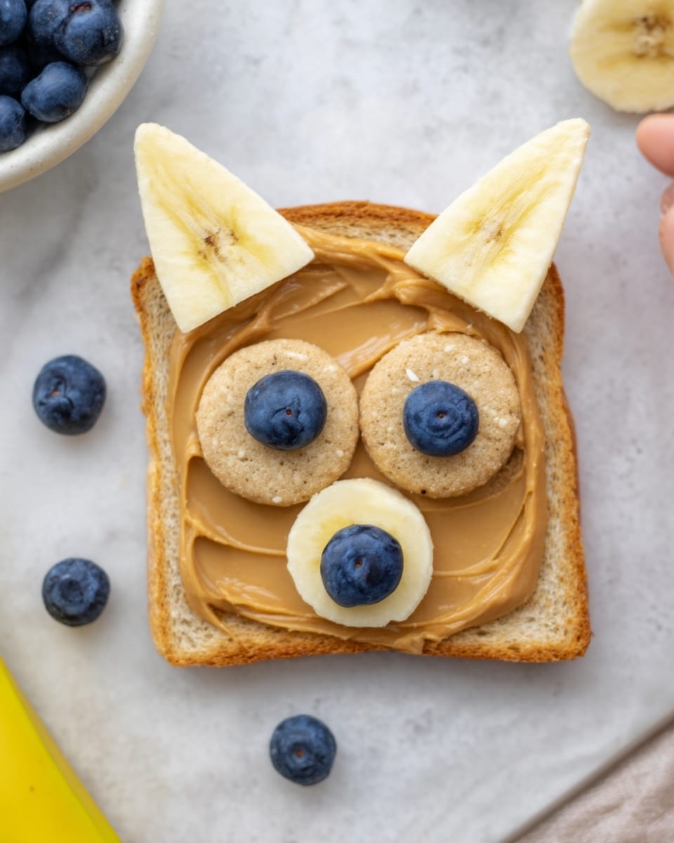 A piece of toast with a smooth layer of peanut butter spread evenly on top sits on a white marbled surface. At the top corners of the toast, two triangle banana slices are placed to look like ears. Below the banana ears are two round oatmeal cookie pieces set side by side, each topped with a single blueberry to resemble eyes. Near the bottom center of the toast, a half banana slice with a blueberry on top forms a nose shape. Some loose blueberries are scattered on the white marbled surface near the toast, and a small part of a white bowl with blueberries and a yellow banana can be seen on the edges of the image. A woman's hand is gently touching the top left corner of the toast. photo taken with an iphone --ar 4:5 --v 7