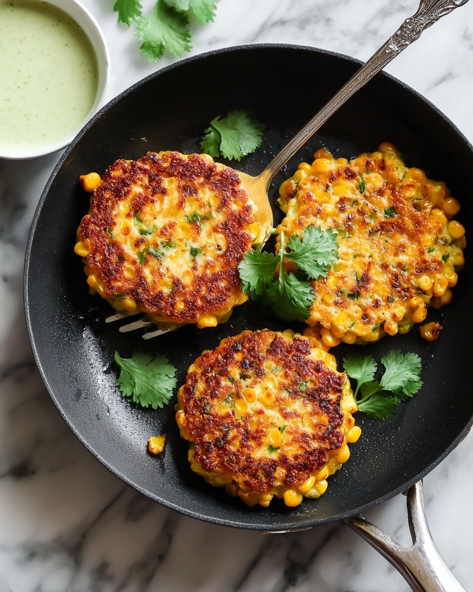 The image shows three golden-brown corn fritters in a black pan. Each fritter is round and thick with visible corn kernels and small green bits, showing a slightly crispy texture on the outside. A silver spatula lifts one fritter, and fresh green cilantro leaves garnish the top of the fritters. Just below the pan, on the white marbled surface, a small white bowl holds a creamy light green sauce, partially visible. Photo taken with an iphone --ar 4:5 --v 7