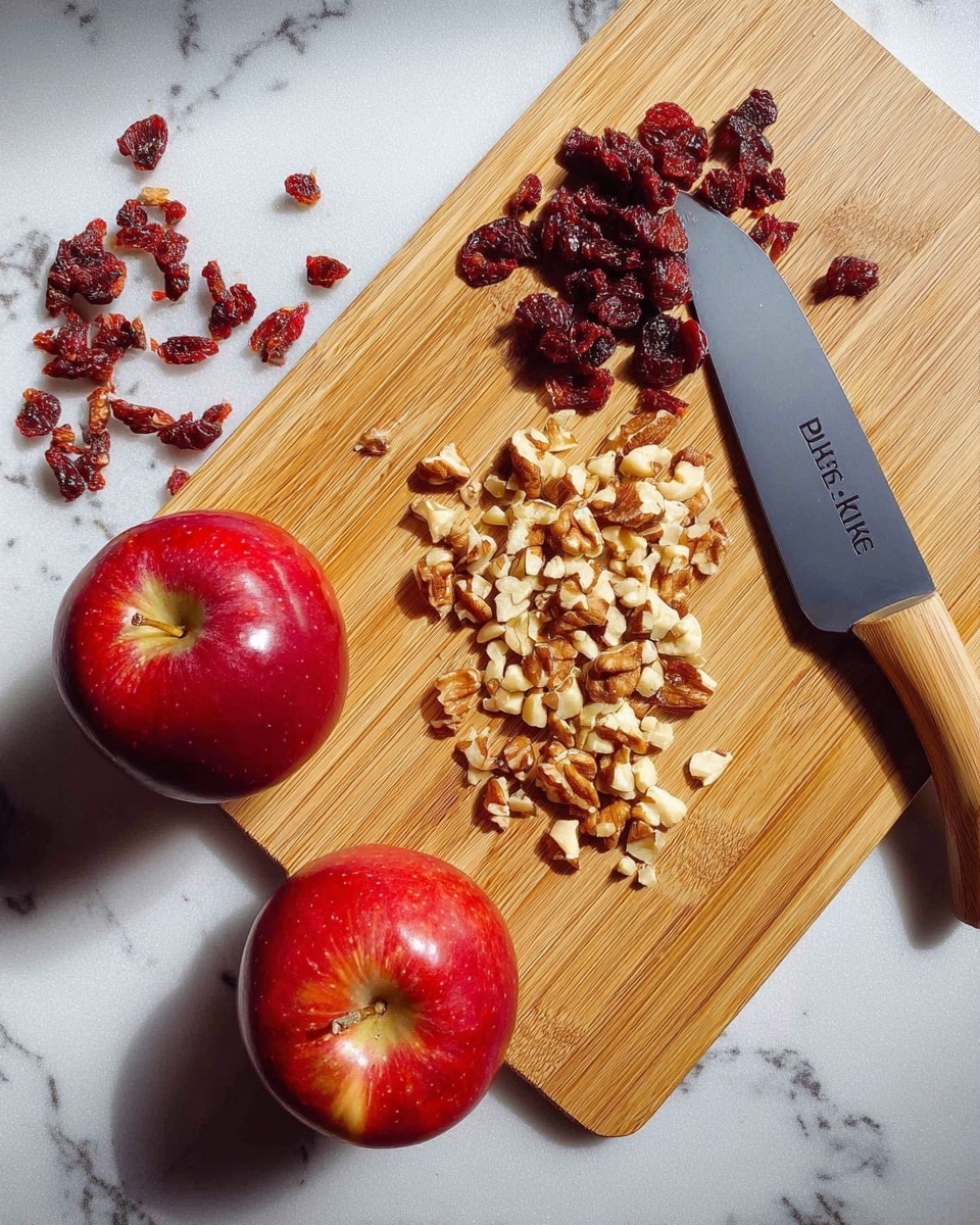 A bamboo cutting board placed on a white marbled surface holds small chopped pieces of light brown nuts on the lower half and dark red dried fruit pieces on the upper half, with a knife featuring a light wooden handle and dark blade resting diagonally across the board. Two shiny red apples sit on the white marbled surface next to the cutting board. photo taken with an iphone --ar 4:5 --v 7