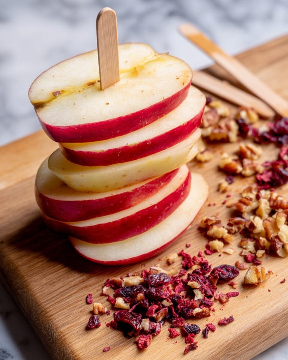 The image shows five slices of red apple stacked on top of each other, each slice pierced by a light wooden stick from the left side, creating apple pops. The apple slices are fresh, with pale yellow inside and vibrant red skin. To the right side on the wooden board, there are small piles of chopped nuts and dried red fruit pieces, adding texture and color contrast. The wooden board has a warm tone with natural grain visible. The background is a white marbled surface. photo taken with an iphone --ar 4:5 --v 7