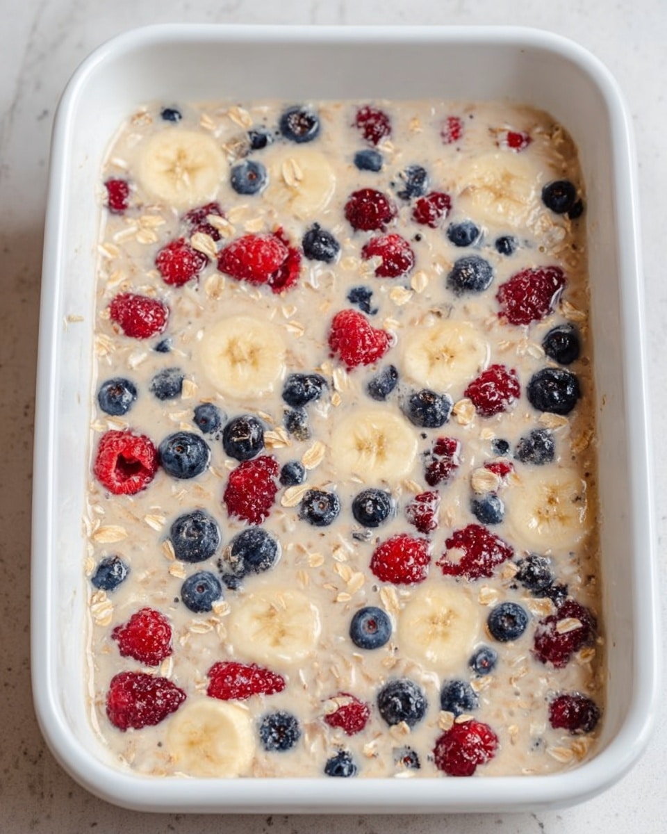The image shows a white rectangular baking dish filled with a creamy mixture that contains a layer of ingredients including sliced banana pieces, whole blueberries, and whole raspberries evenly spread throughout. The creamy mixture has a light beige color with a smooth, slightly bubbly texture, and visible oat flakes are scattered inside. The dish rests on a white marbled surface. photo taken with an iphone --ar 4:5 --v 7