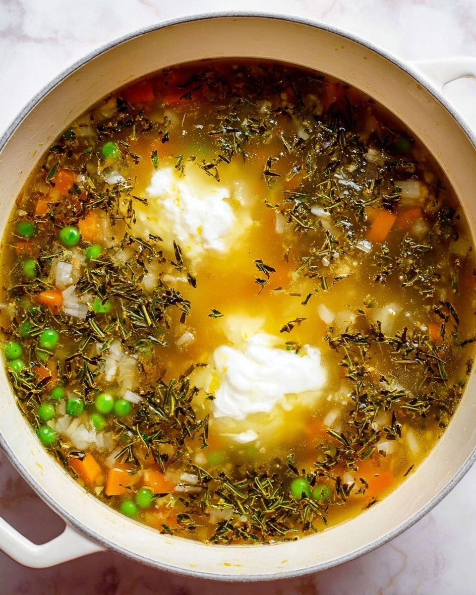 The image shows a white pot filled with clear broth soup that has small dark green herb flakes floating throughout. Inside the soup are small pieces of light green peas, orange carrot bits, and translucent white onion chunks. On the surface, there are two dollops of soft, white creamy substance, likely sour cream or yogurt, slightly melting into the broth. The pot sits on a white marbled surface, and the photo is bright with soft natural light. Photo taken with an iphone --ar 4:5 --v 7