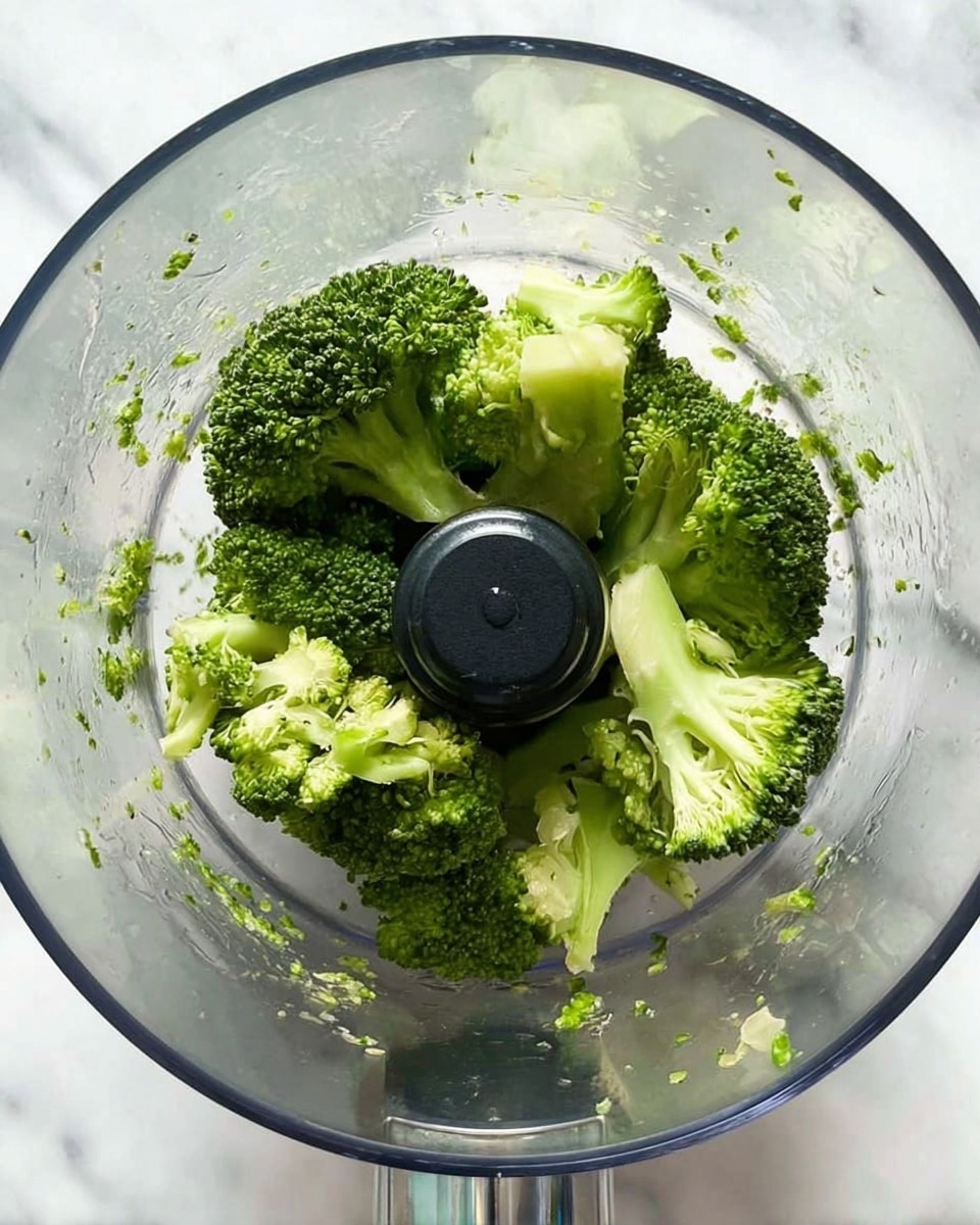 The image shows a top view of a clear food processor bowl filled with several pieces of fresh broccoli. The broccoli pieces are bright green with visible florets and stems, arranged loosely around the black central blade. The bowl has some small bits of broccoli stuck to the sides. The background is a white marbled surface. photo taken with an iphone --ar 4:5 --v 7