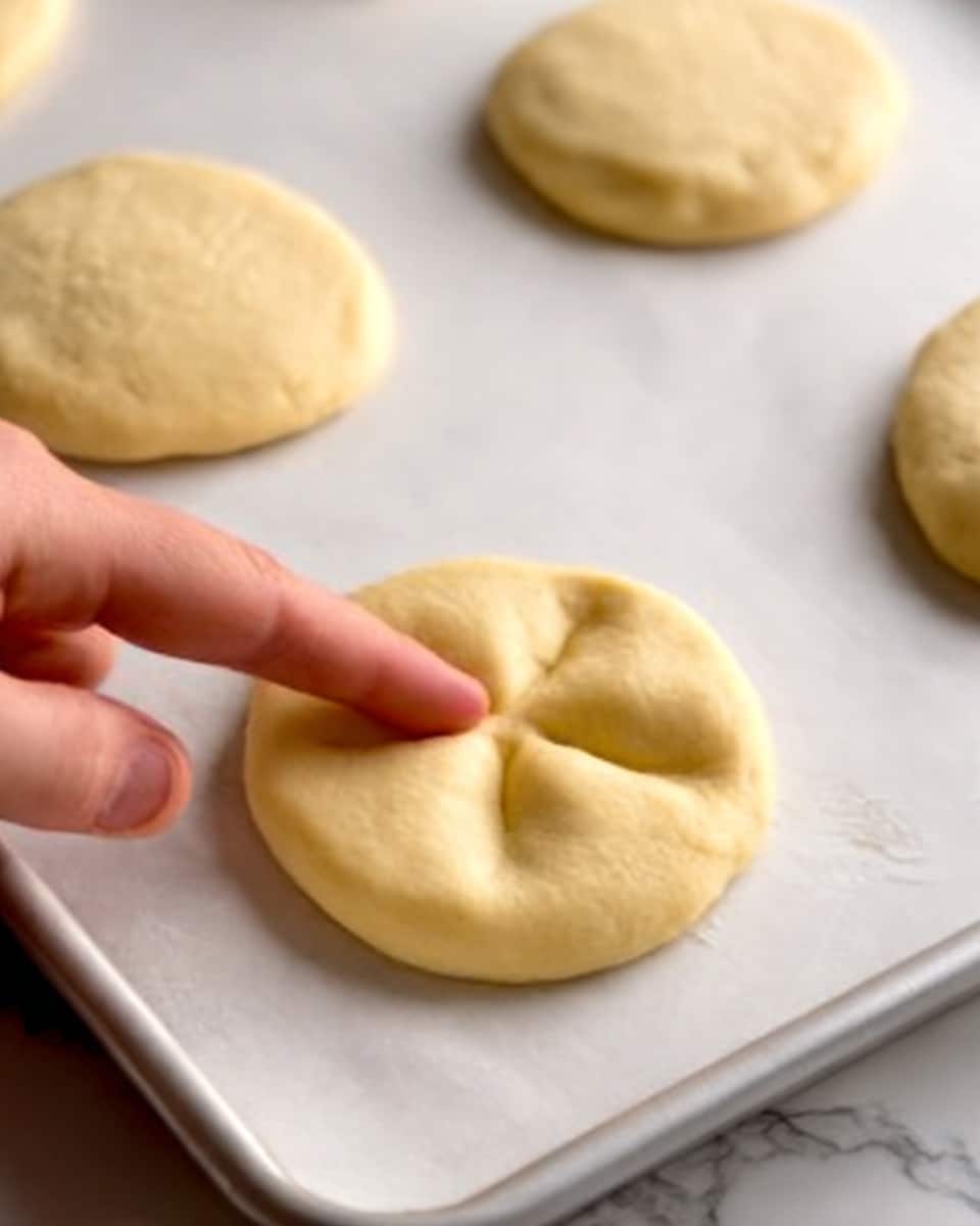 The image shows round dough pieces placed on a white baking sheet. One piece is pressed in the center by a woman's hand finger, making four indentations that look like petals or a flower shape. The dough is smooth and pale yellow, with soft edges. The background is a white marbled surface. photo taken with an iphone --ar 4:5 --v 7